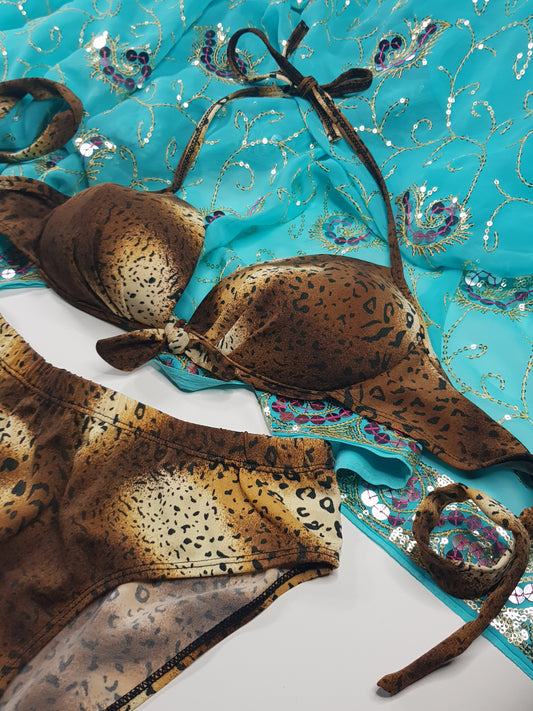 1990s Knockout Leopard Swimsuit - 2 piece set & Push up  - gradient animal print - high cut - tie neck & back