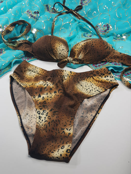 1990s Knockout Leopard Swimsuit - 2 piece set & Push up  - gradient animal print - high cut - tie neck & back