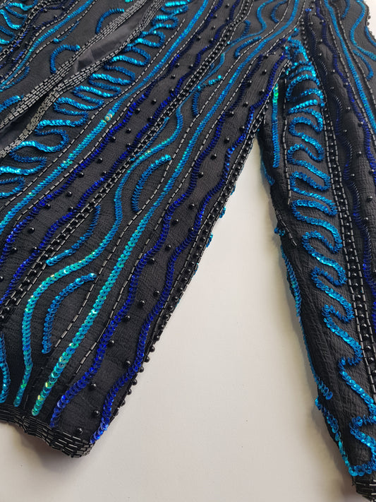 1980s Vintage 100% Silk Hand Beaded - Iridescent Blue - Sparkly Evening Jacket