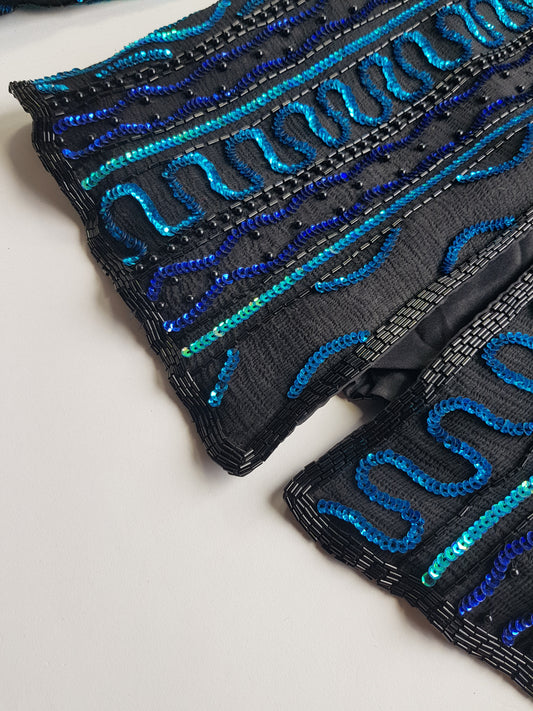 1980s Vintage 100% Silk Hand Beaded - Iridescent Blue - Sparkly Evening Jacket