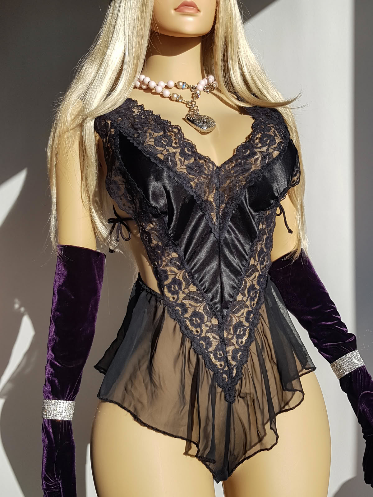 1990s Romantic Gothic Vintage Dreamy Lace & Satin High Cut Teddy - Unworn - Ties at the sides - Flouncy Skirt - Unbelievably Gorgeous in Beautiful Black Lace