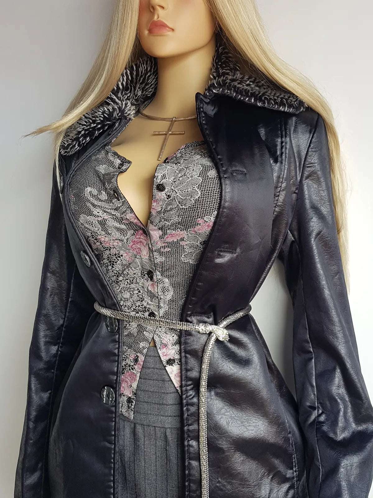 Vintage 2000s Vegan High Shine Leather & Ultra Plush Vegan Fur Collared Coat - Super Buttery Soft - 100% vegan - Fully Lined & Button up front