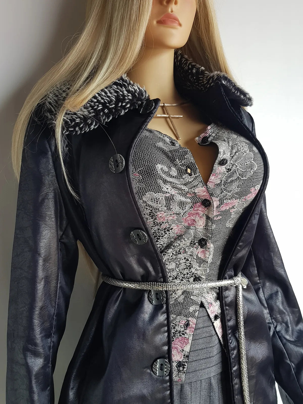 Vintage 2000s Vegan High Shine Leather & Ultra Plush Vegan Fur Collared Coat - Super Buttery Soft - 100% vegan - Fully Lined & Button up front