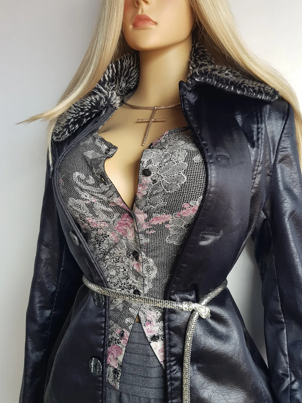 Vintage 2000s Vegan High Shine Leather & Ultra Plush Vegan Fur Collared Coat - Super Buttery Soft - 100% vegan - Fully Lined & Button up front