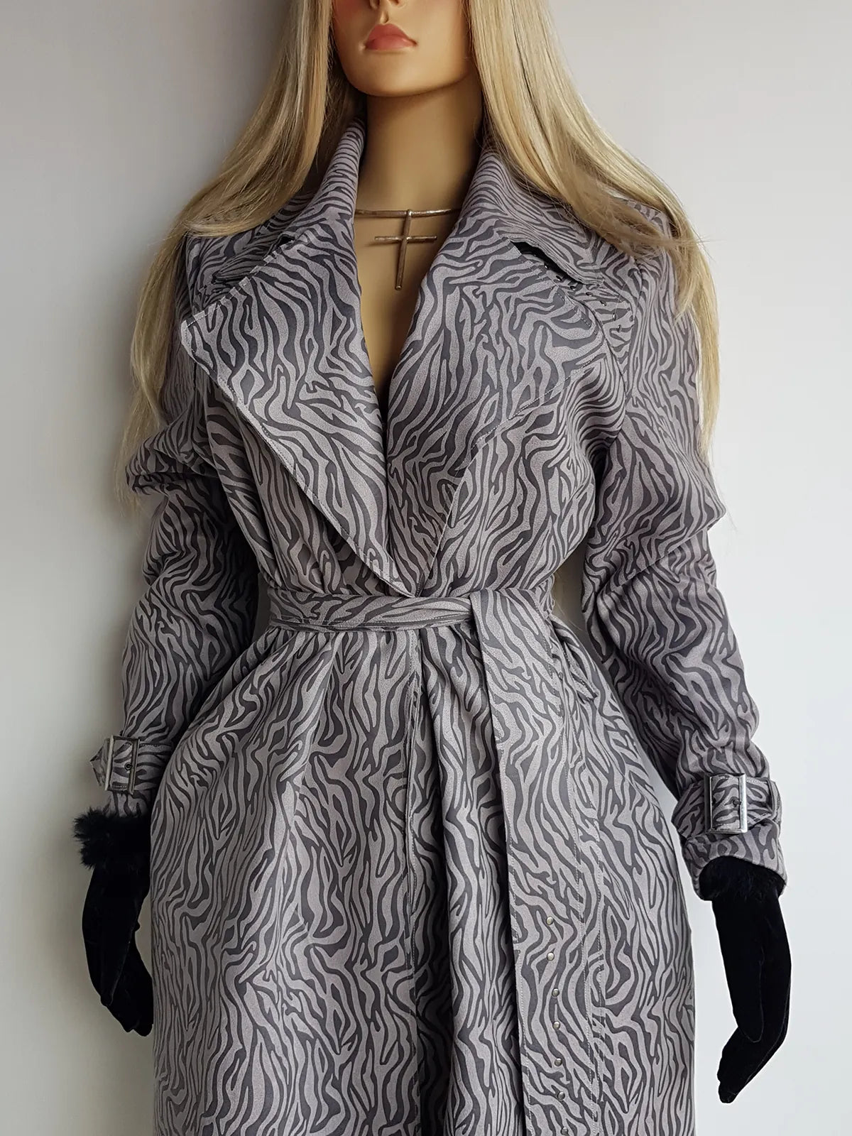Vintage 2000s Vegan Suede Zebra Print Coat in Grey tones - Gorgeous tie waist - Super Buttery Soft - 100% vegan & Button up front with tie waist