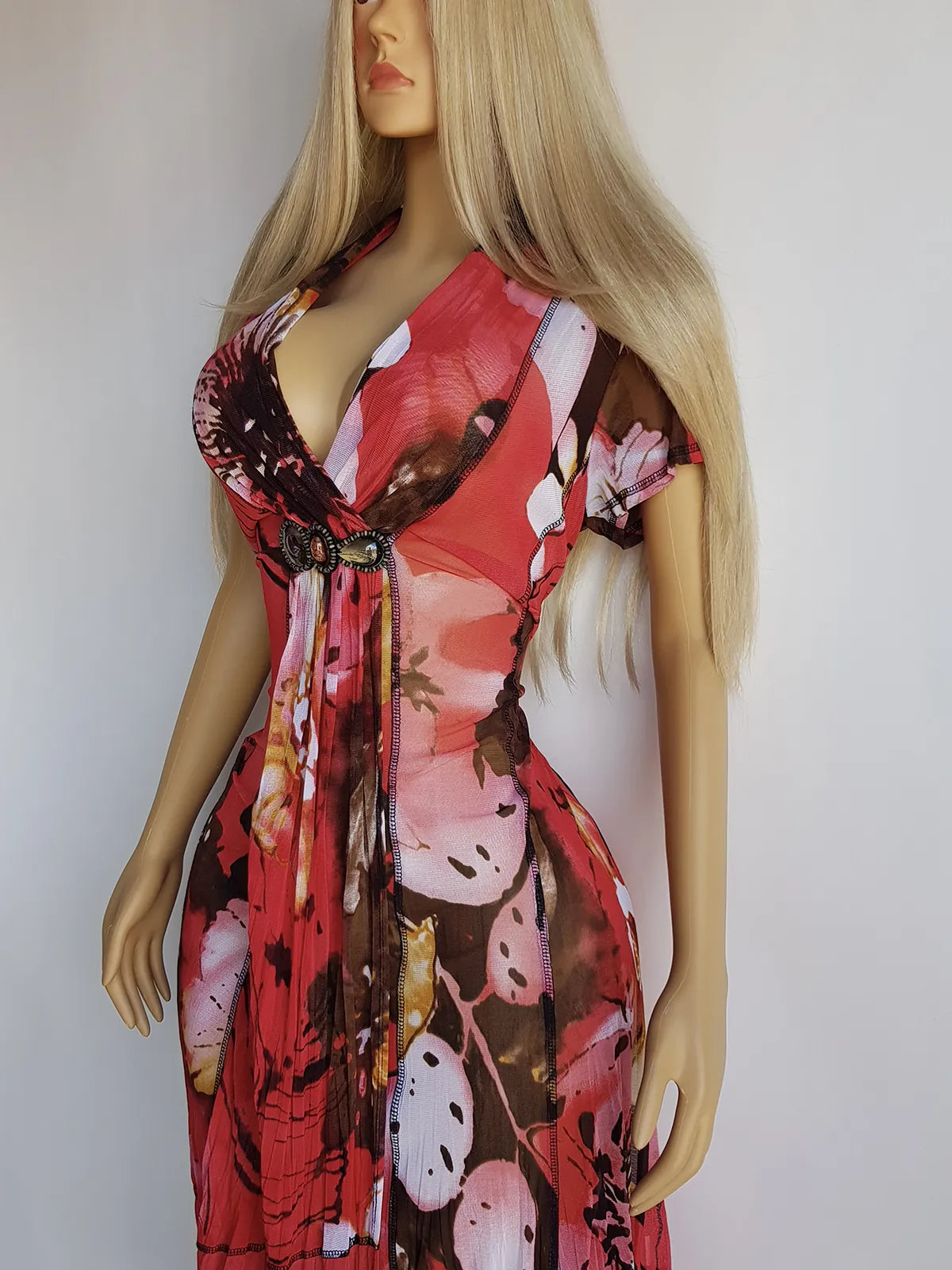 Genuine Vintage 2000s Bohemian Dress in Light Flowy Mesh - Beautiful Reds & Pinks - Curve Hugging Perfect Summer Boho Look