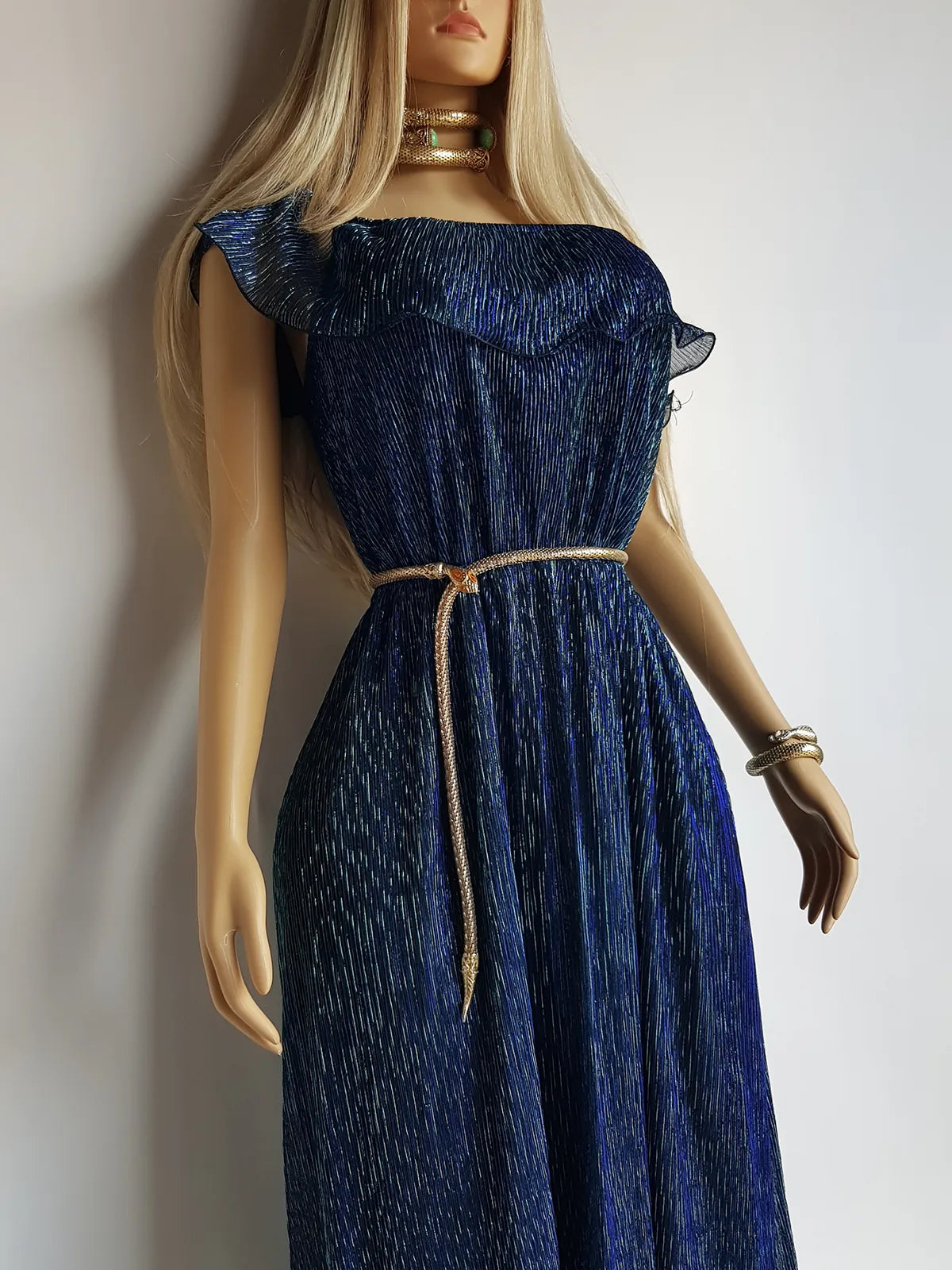 Authentic 1970s Grecian Sheer Gown in Metallic Blue - Flouncy Ruffles & Drapery - Very Halston & Studio54 style - Can be worn multiple ways off shoulder & asymmetrical