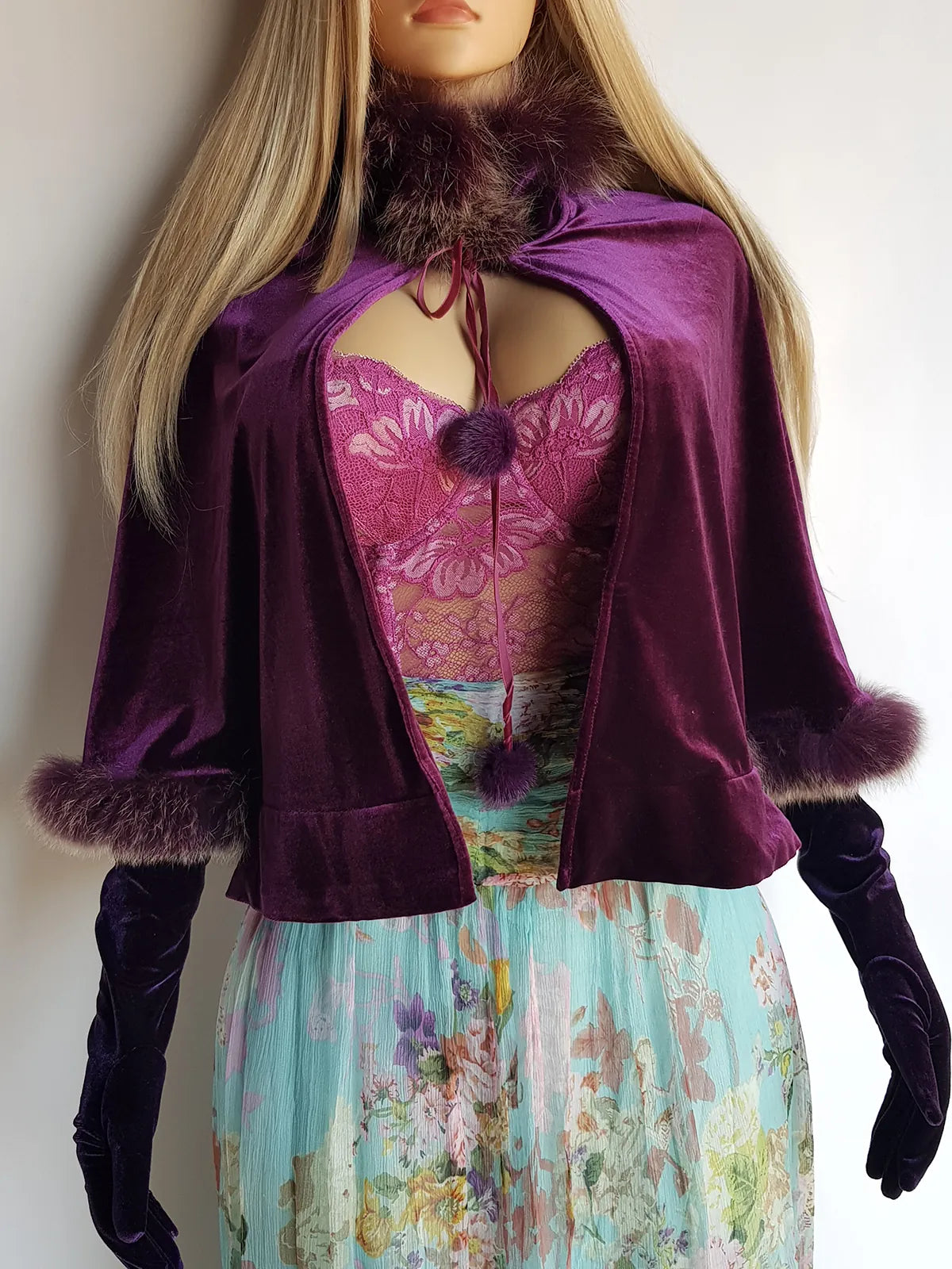 Sumptuous Rich 90s Purple Vintage Velvet Cape with real fox fur trim - Ribbon & Pom Poms tie at the neck