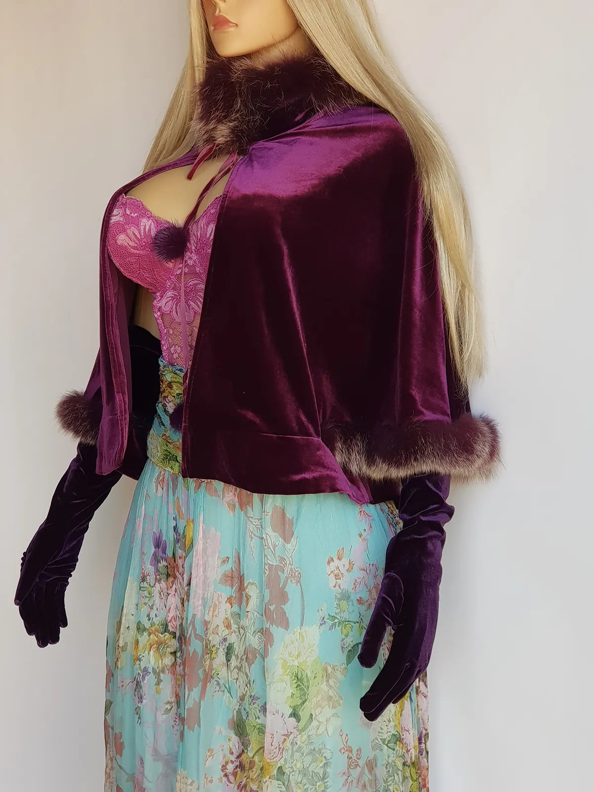 Sumptuous Rich 90s Purple Vintage Velvet Cape with real fox fur trim - Ribbon & Pom Poms tie at the neck