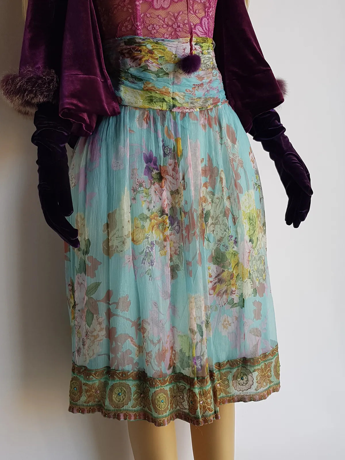 Vintage Designer Rene Derhy 2000s impressionist watercolour fairy dream skirt in blues pinks & crinkle fabric with ornate hemline