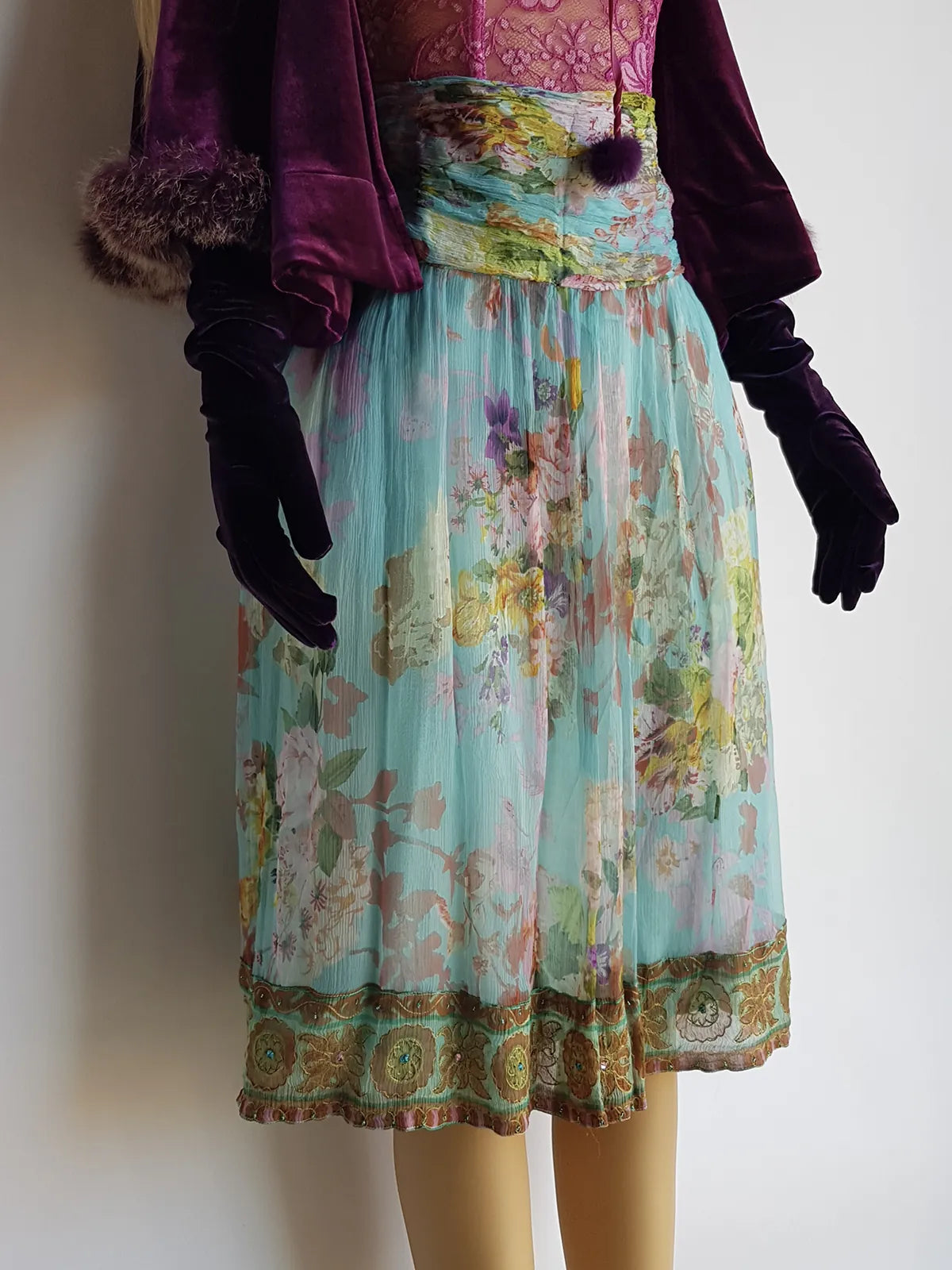 Vintage Designer Rene Derhy 2000s impressionist watercolour fairy dream skirt in blues pinks & crinkle fabric with ornate hemline