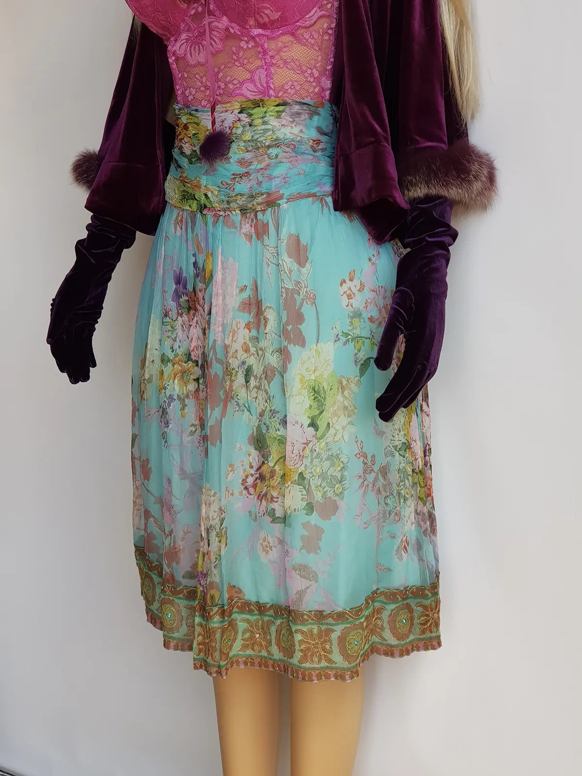 Vintage Designer Rene Derhy 2000s impressionist watercolour fairy dream skirt in blues pinks & crinkle fabric with ornate hemline