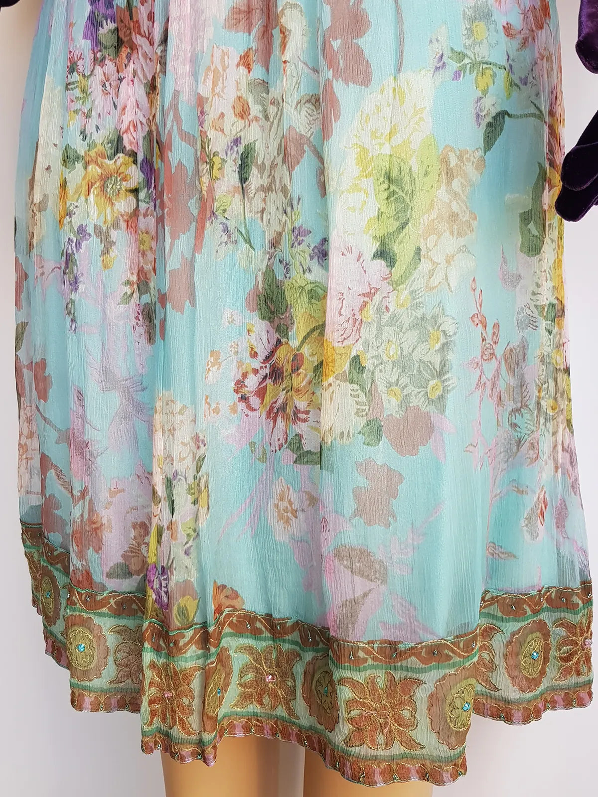 Vintage Designer Rene Derhy 2000s impressionist watercolour fairy dream skirt in blues pinks & crinkle fabric with ornate hemline