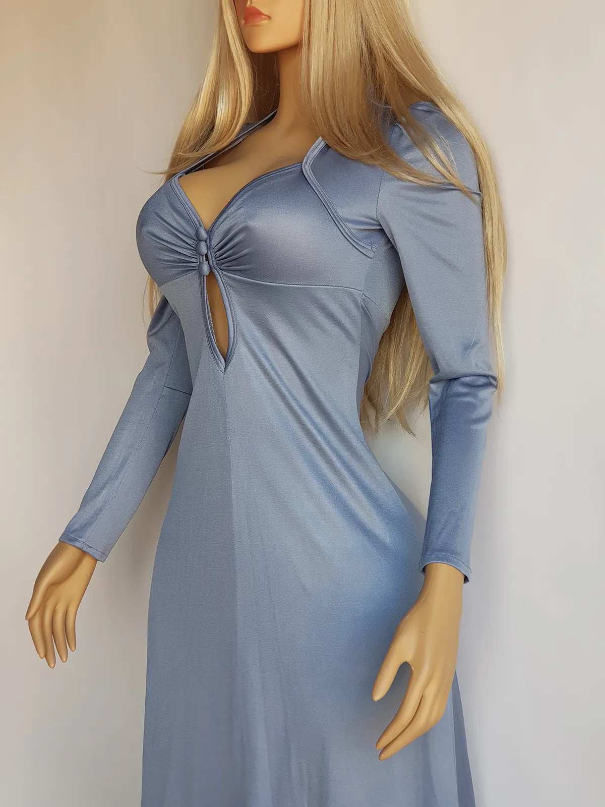 1970s Authentic Bohemian Goddess Gown - Full Length in Light Dusty Blue -  Dreamy Shimmery Look with Gathered Bust