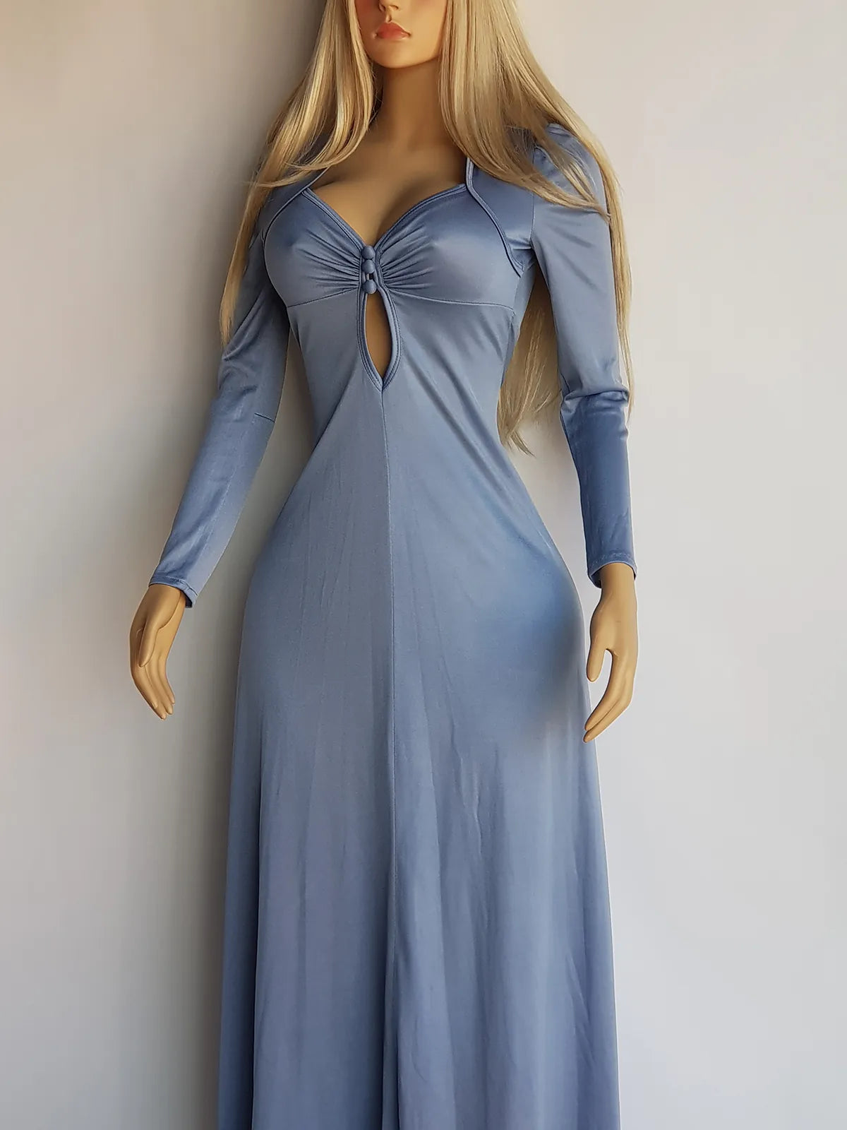 1970s Authentic Bohemian Goddess Gown - Full Length in Light Dusty Blue -  Dreamy Shimmery Look with Gathered Bust
