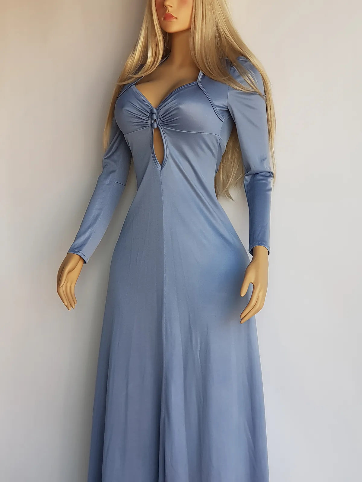 1970s Authentic Bohemian Goddess Gown - Full Length in Light Dusty Blue -  Dreamy Shimmery Look with Gathered Bust
