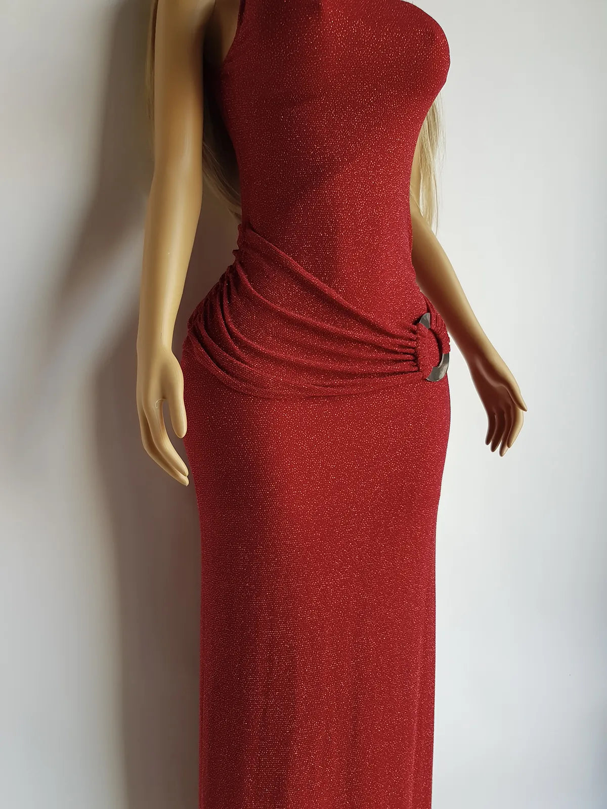 Iconic 90s Super Sexy Red Sparkle Gown - Absolutely Beautiful Silhouette & Hip Ruching with Silver Hardware Buckle that clings to the hip perfectly- Red with Red cast Diamonds in the fabric - Stretch body hugging high quality fabric