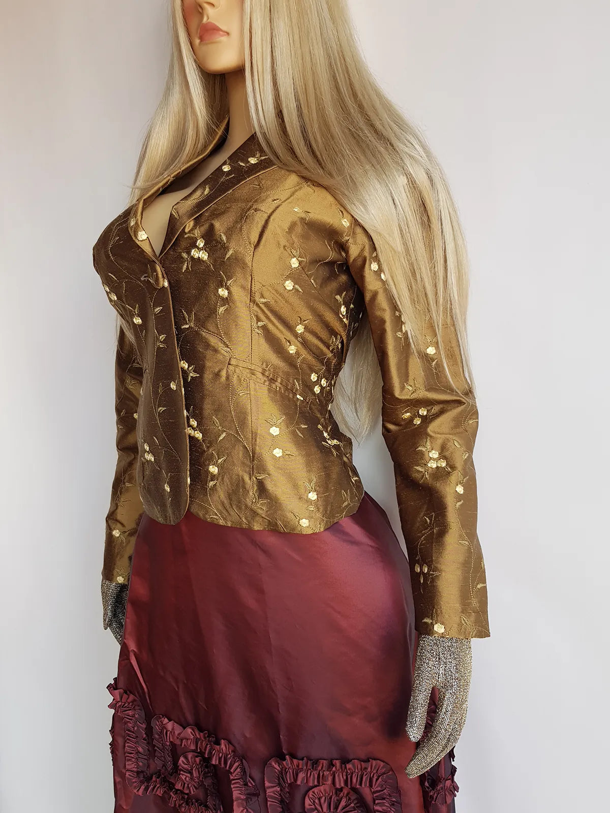 Rich Gold Fairytale 1990s Tailored Fitted Jacket with Full Embroidery- Florals in Light Cream Tones - Whimsical & Unique