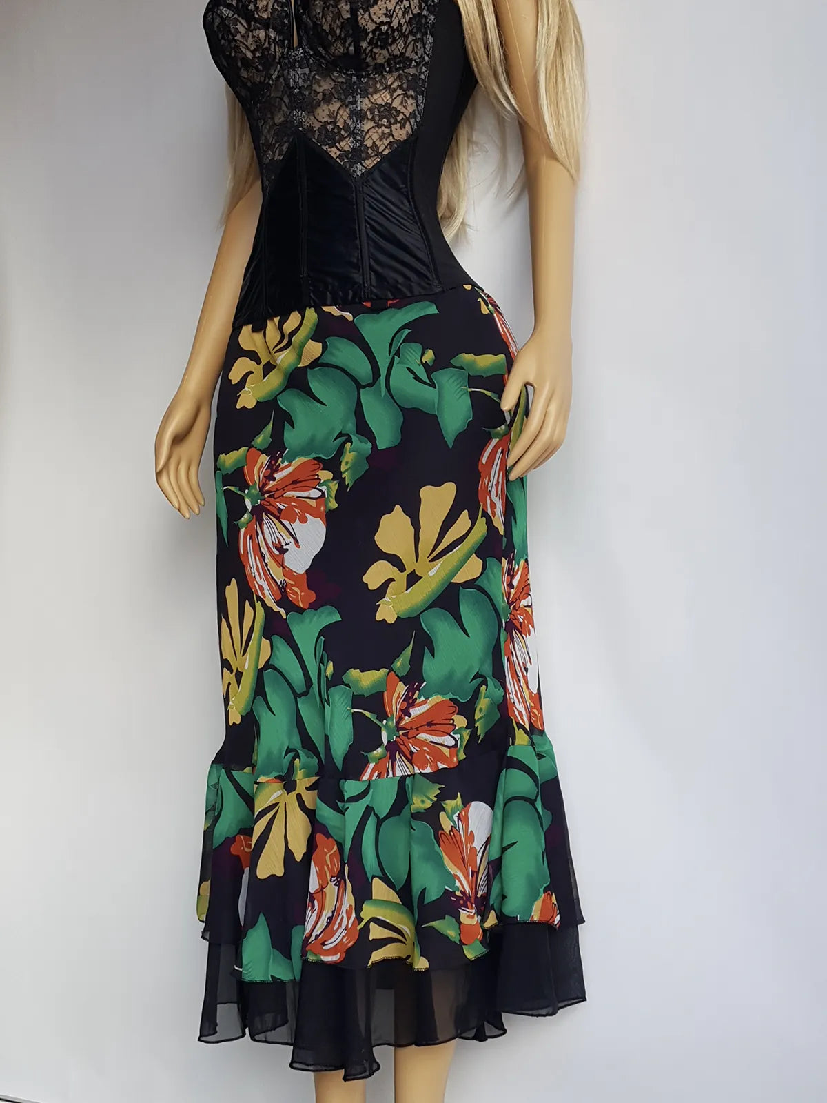 1990s Sexy Bohemian Rockstar Vintage Maxi Skirt / Dress - Floaty Multi Tier Cut - Insane Floral Print - Double Layered