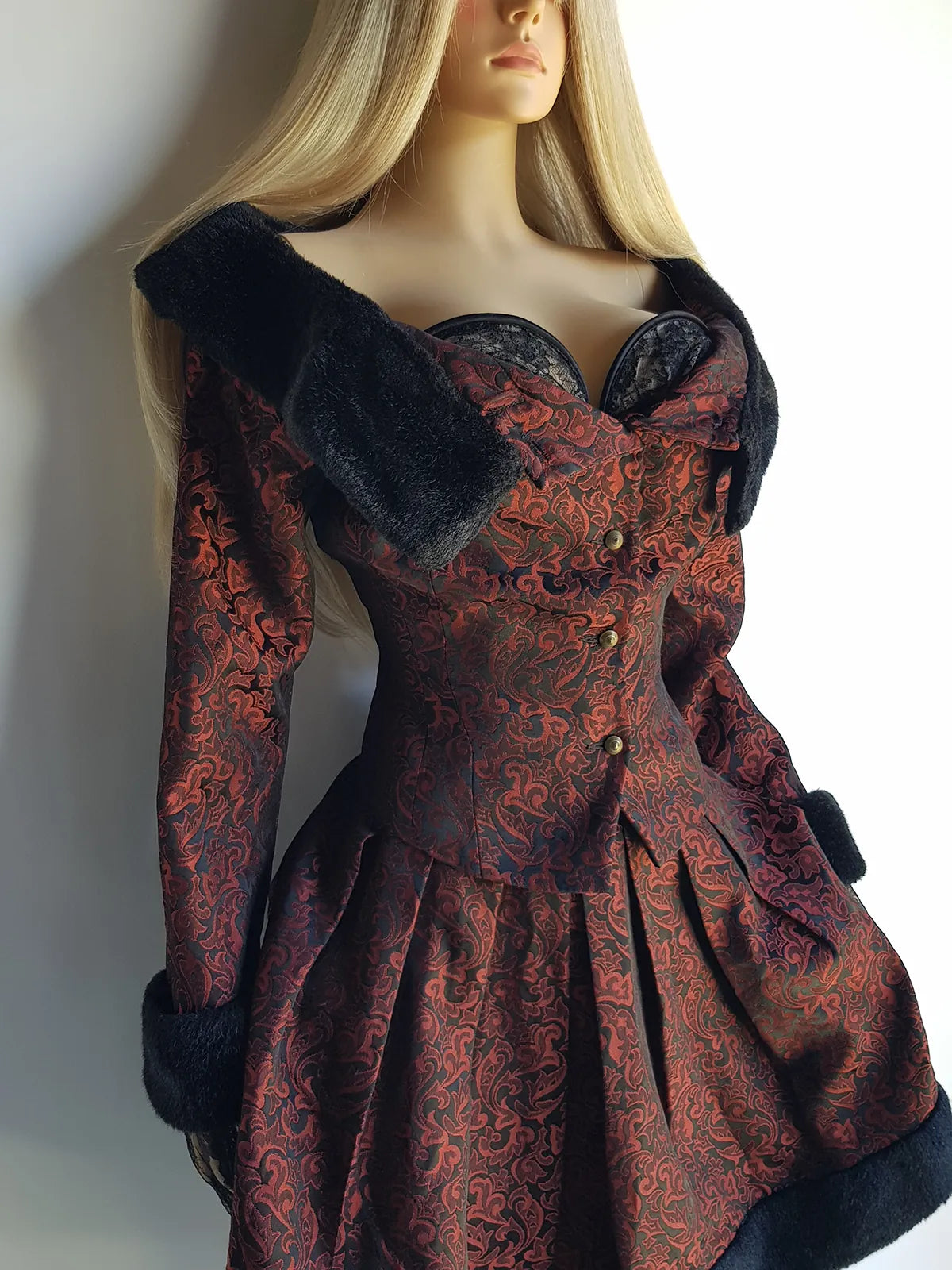 Italian Vintage Romantic Gothic Deep Red Brocade Jacket (1 Piece of a matching set)