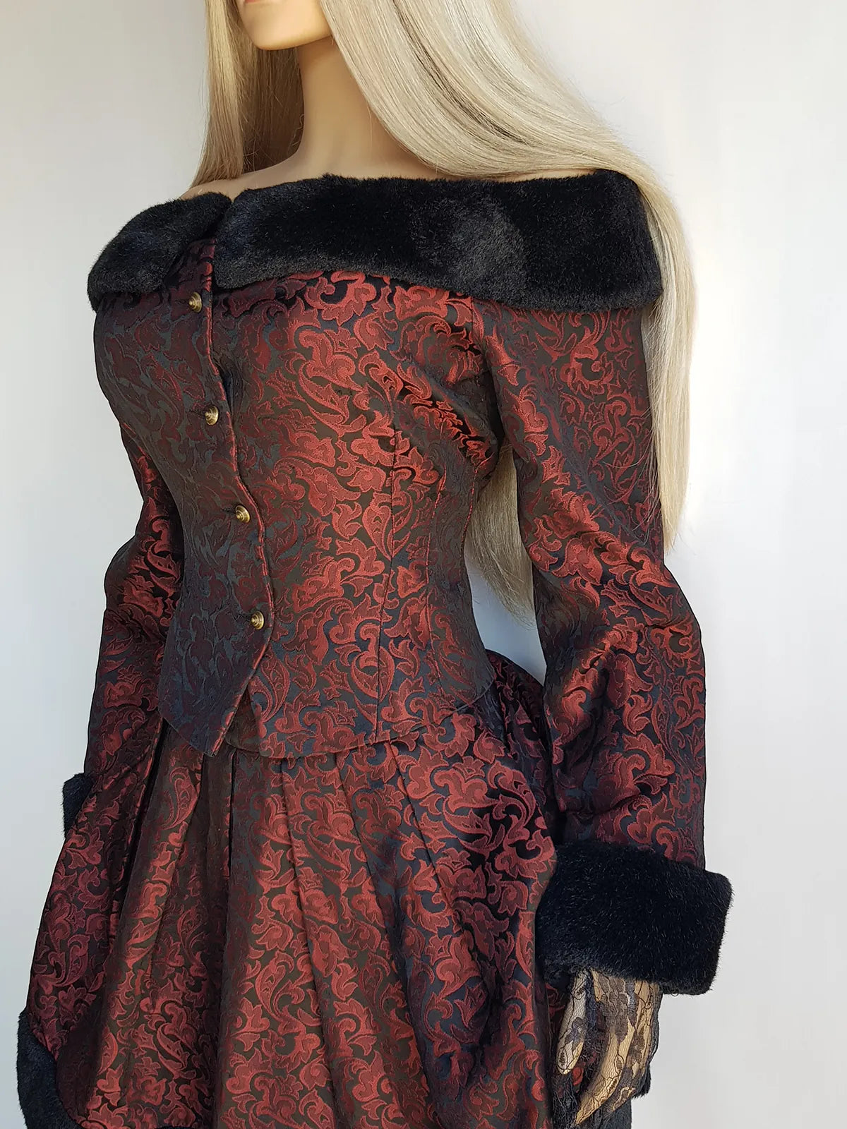 Italian Vintage Romantic Gothic Deep Red Brocade Jacket (1 Piece of a matching set)