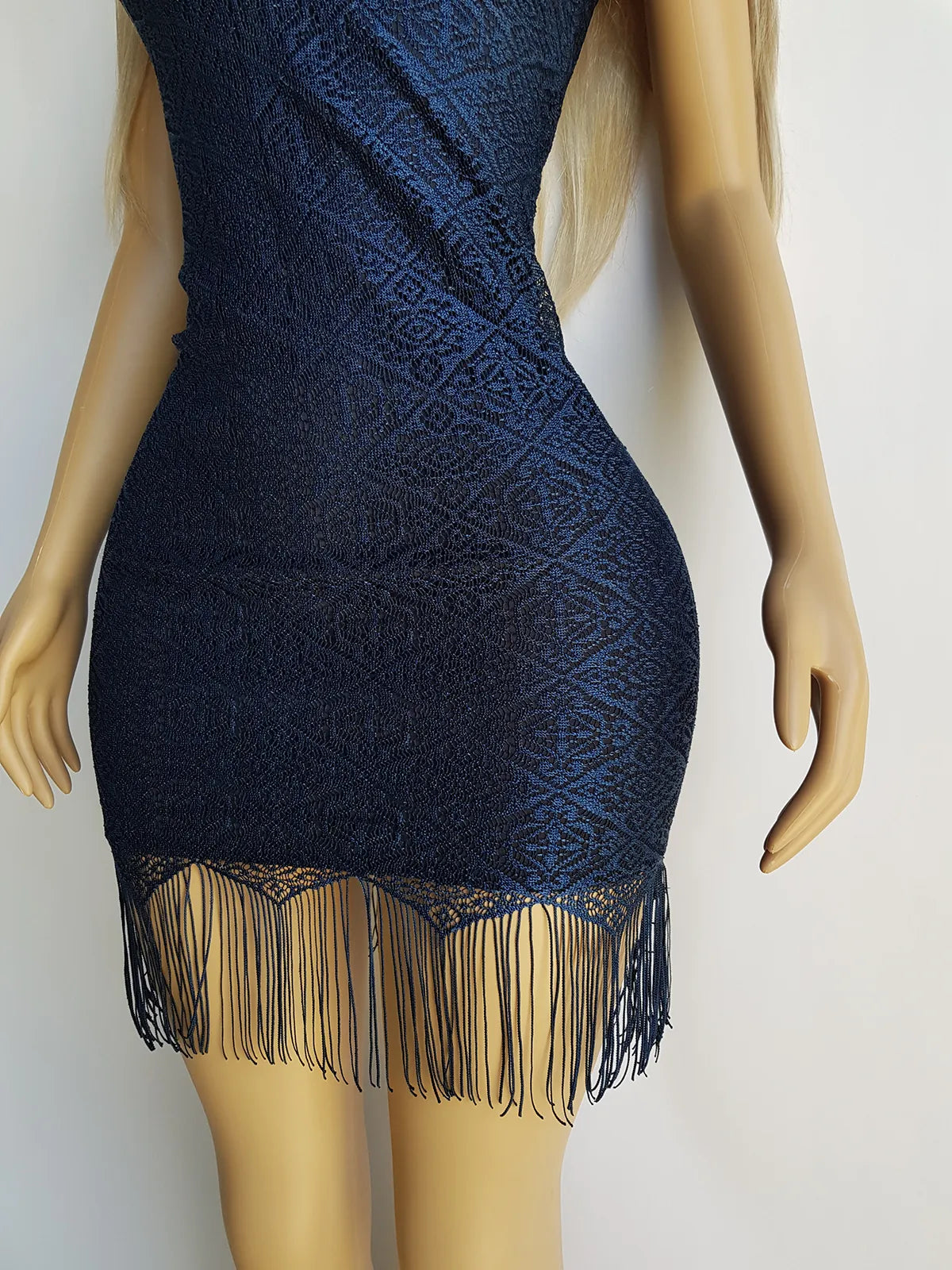 1990s Vintage Party Dress in Overlaid Lace & Diamond Tasseled Hemline - Rich Blue with Black - Thin straps & Tight Fitting