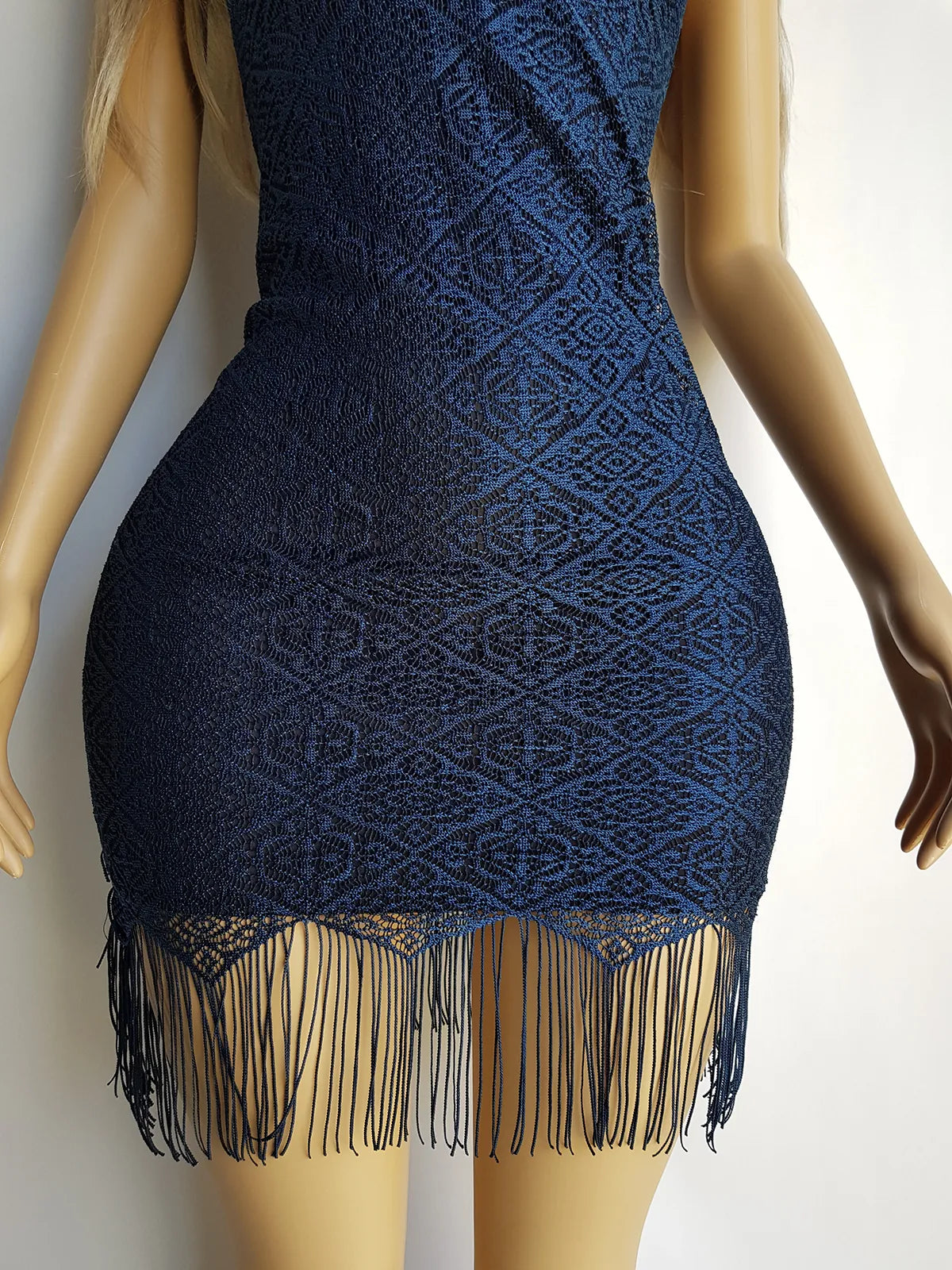 1990s Vintage Party Dress in Overlaid Lace & Diamond Tasseled Hemline - Rich Blue with Black - Thin straps & Tight Fitting
