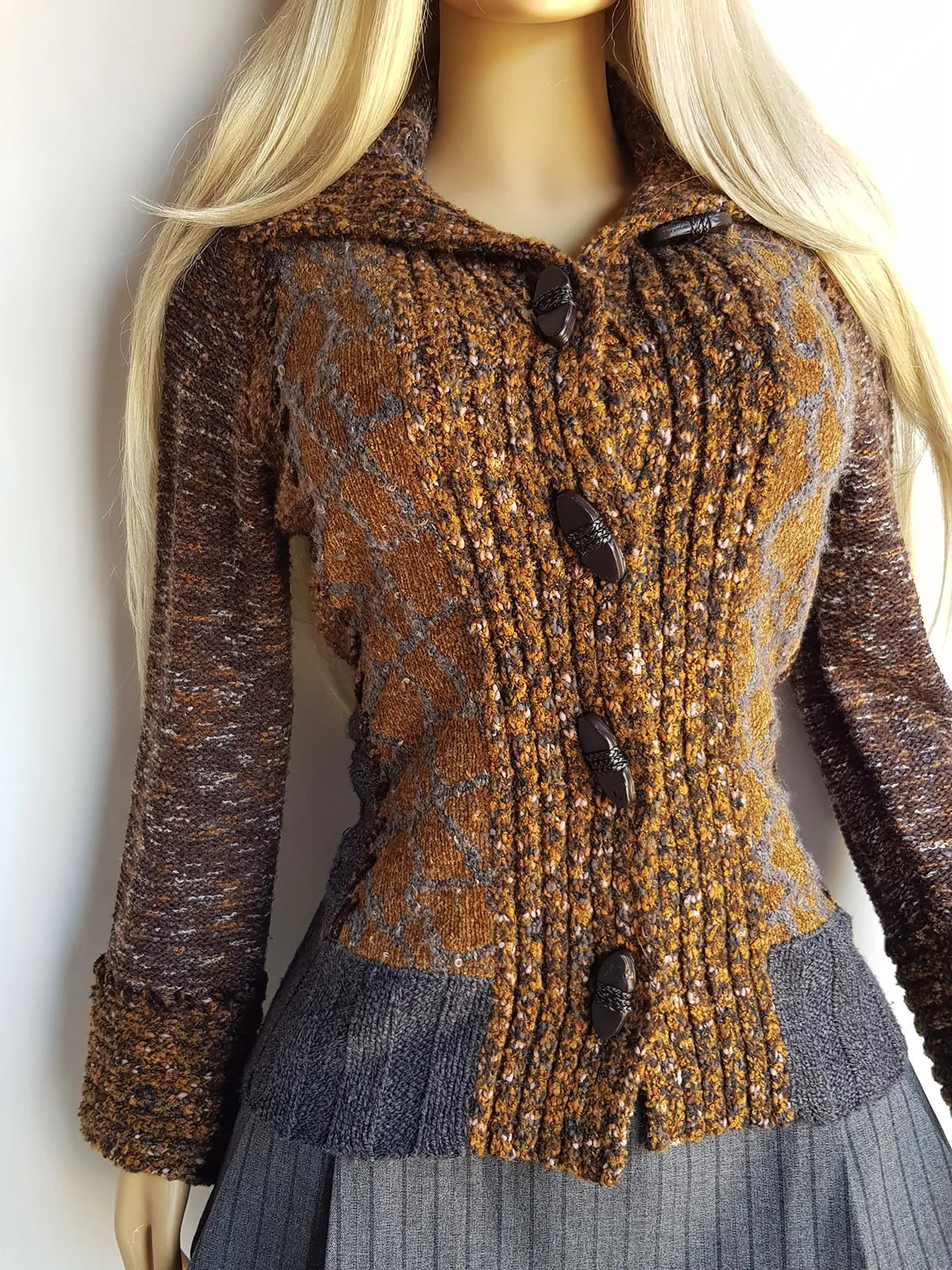 Vintage 1990s Sexy Earth Fairy Woodland Toned -  Hand Knitted Jacket with Leather Toggle Buttons