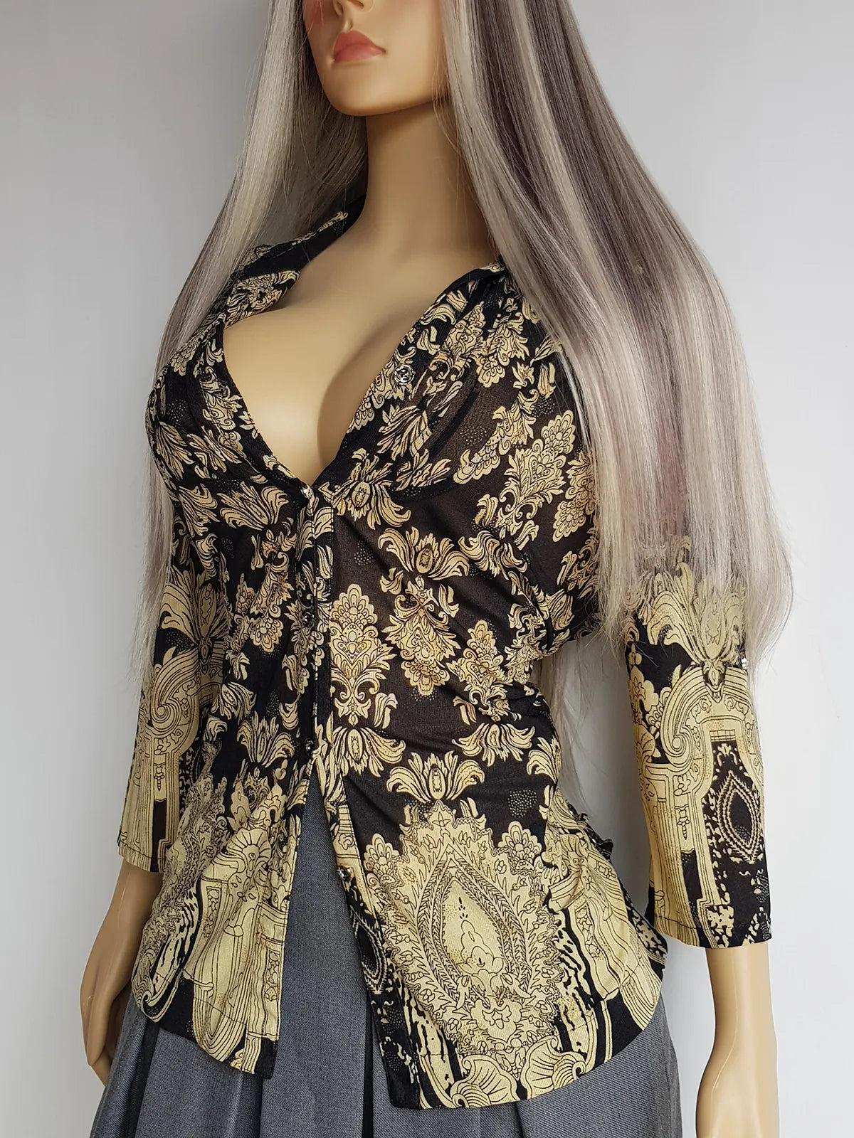 Genuine 1990s Rockstar Girlfriend Style Sheer Blouse with Insame Print & Rhinestoning - Gold & Black - Wear open or Closed