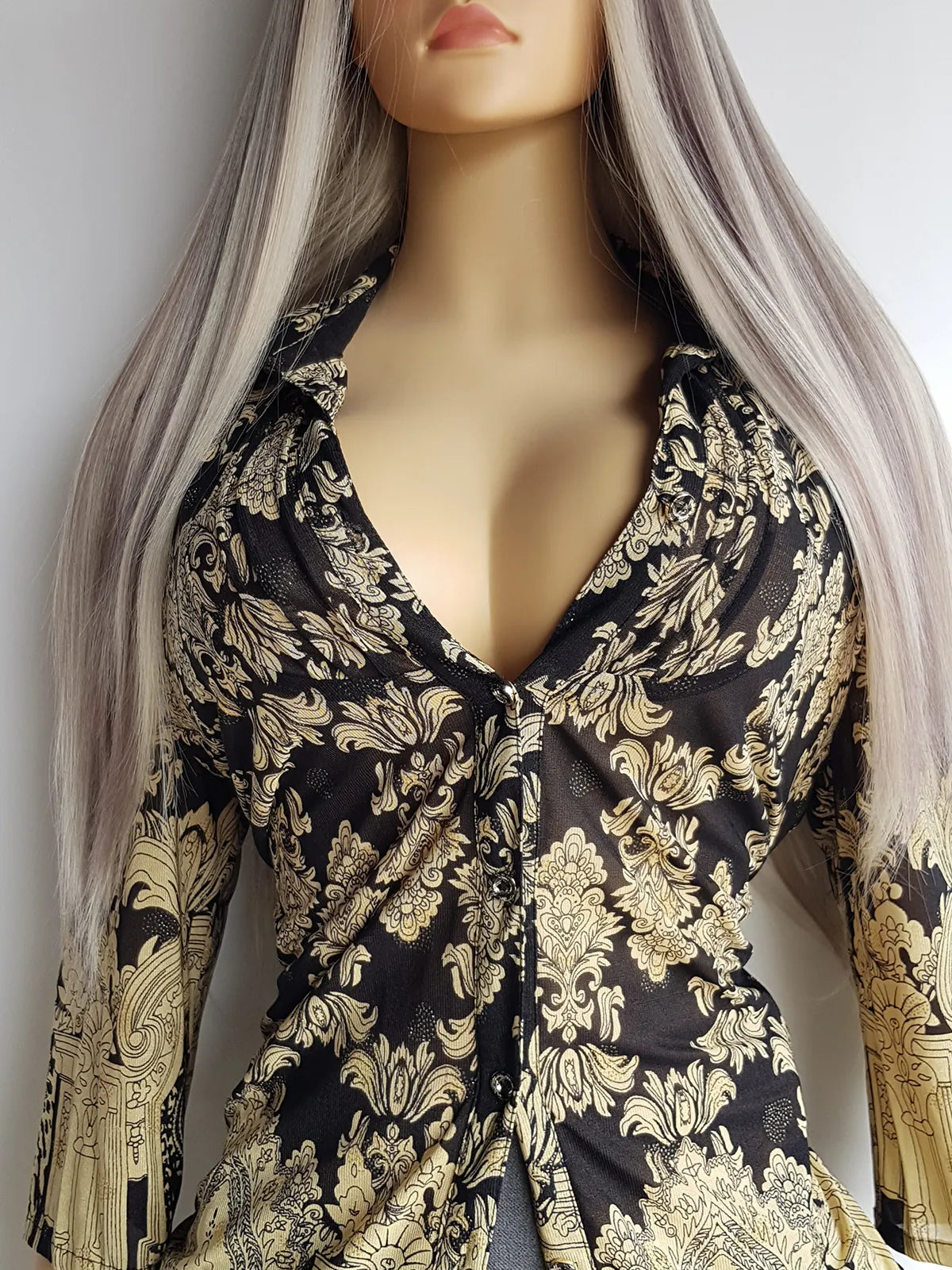 Genuine 1990s Rockstar Girlfriend Style Sheer Blouse with Insame Print & Rhinestoning - Gold & Black - Wear open or Closed