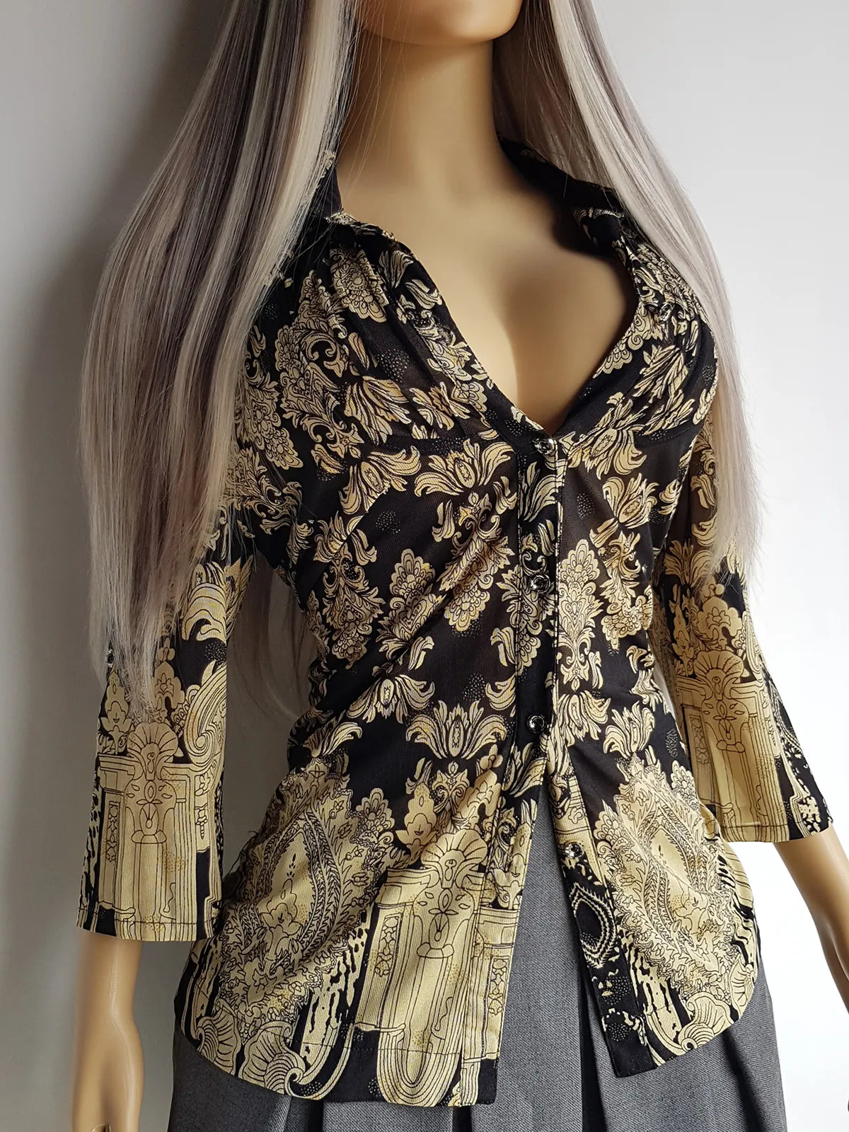 Genuine 1990s Rockstar Girlfriend Style Sheer Blouse with Insame Print & Rhinestoning - Gold & Black - Wear open or Closed