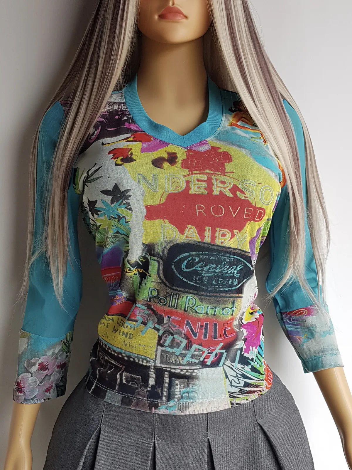 1990s Mesh Print Las Vegas Route 66 Hot Rod Style Top - Ultra Sexy Rockstar Girlfriend Style - Super Vibrant - Tight & Stretchy -