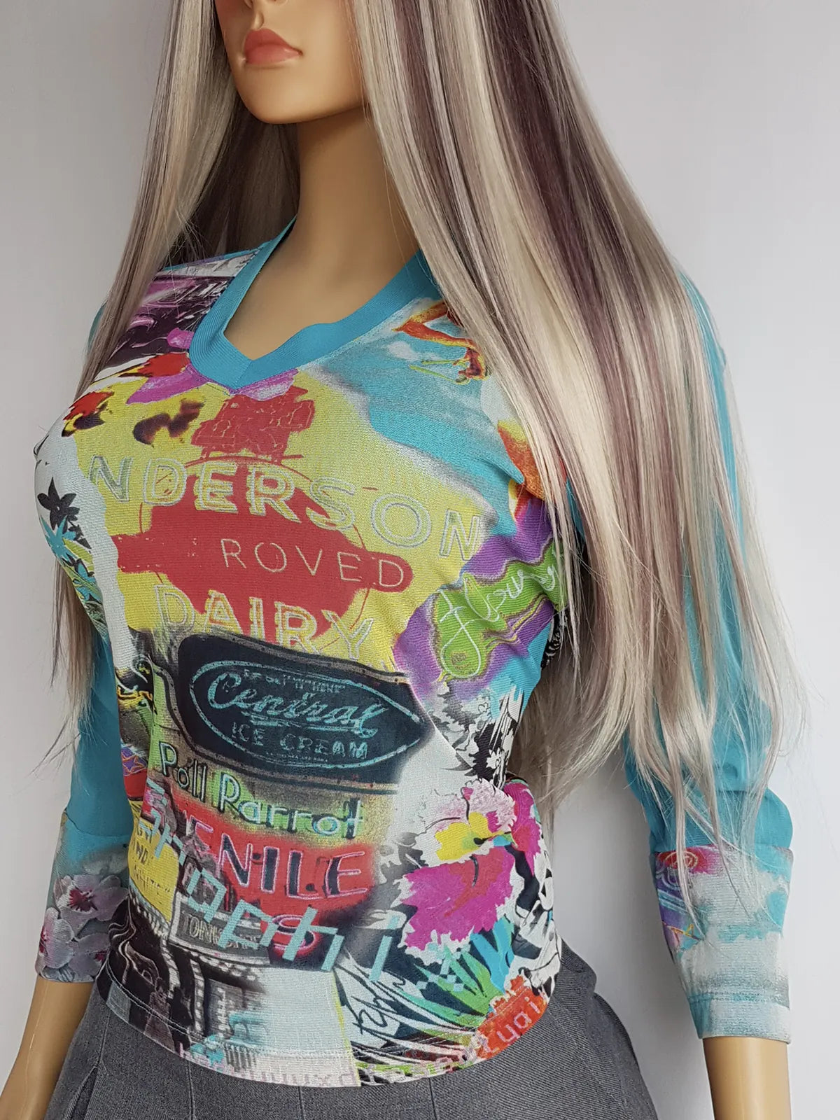 1990s Mesh Print Las Vegas Route 66 Hot Rod Style Top - Ultra Sexy Rockstar Girlfriend Style - Super Vibrant - Tight & Stretchy -