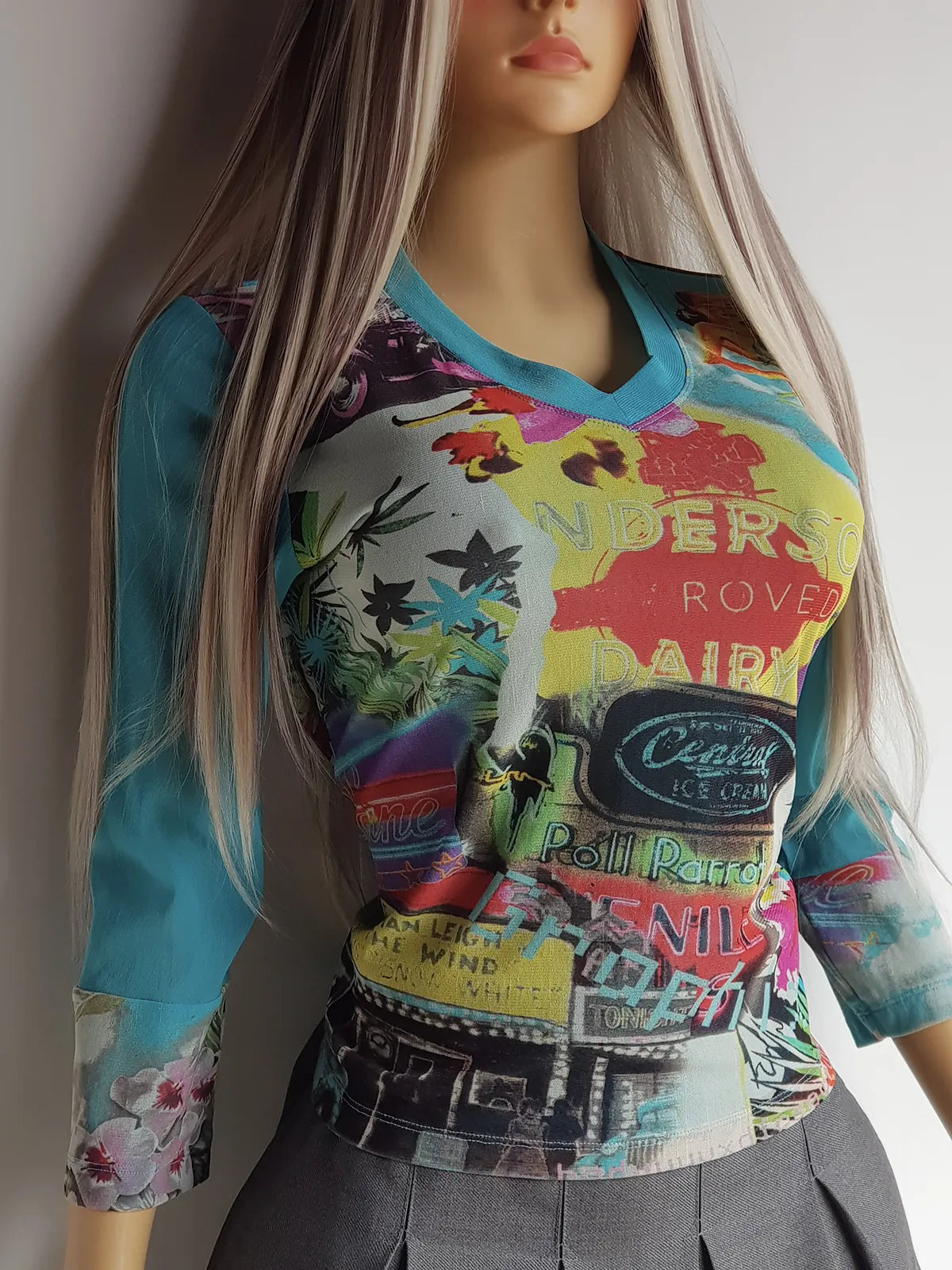 1990s Mesh Print Las Vegas Route 66 Hot Rod Style Top - Ultra Sexy Rockstar Girlfriend Style - Super Vibrant - Tight & Stretchy -