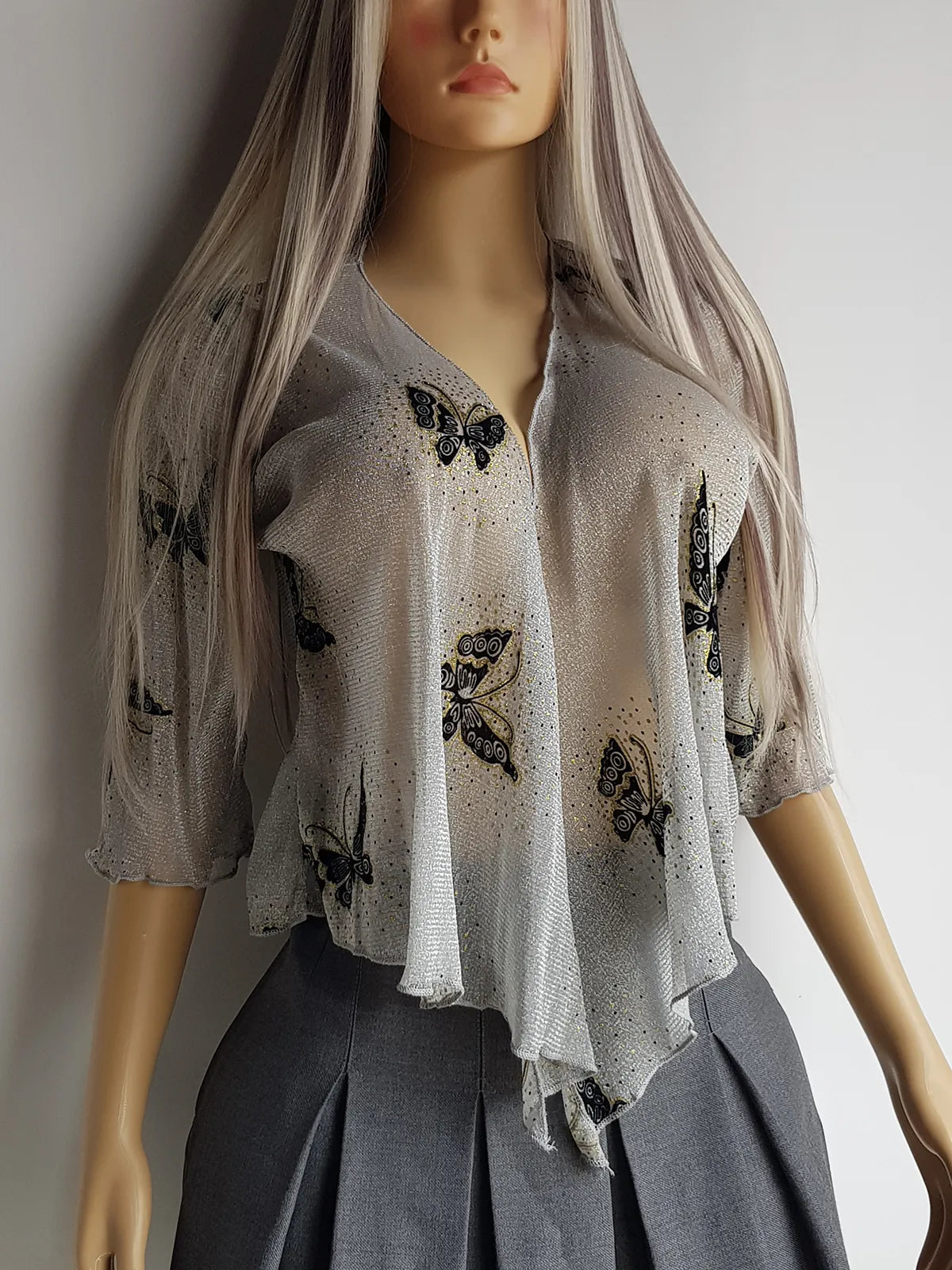 Authentic 1990s Flocked Velvet Butterfly Top - Sheer Mesh in Sparkly Silver with Black Flocked Butterflies & Gold Accents - Wear Multiple Ways