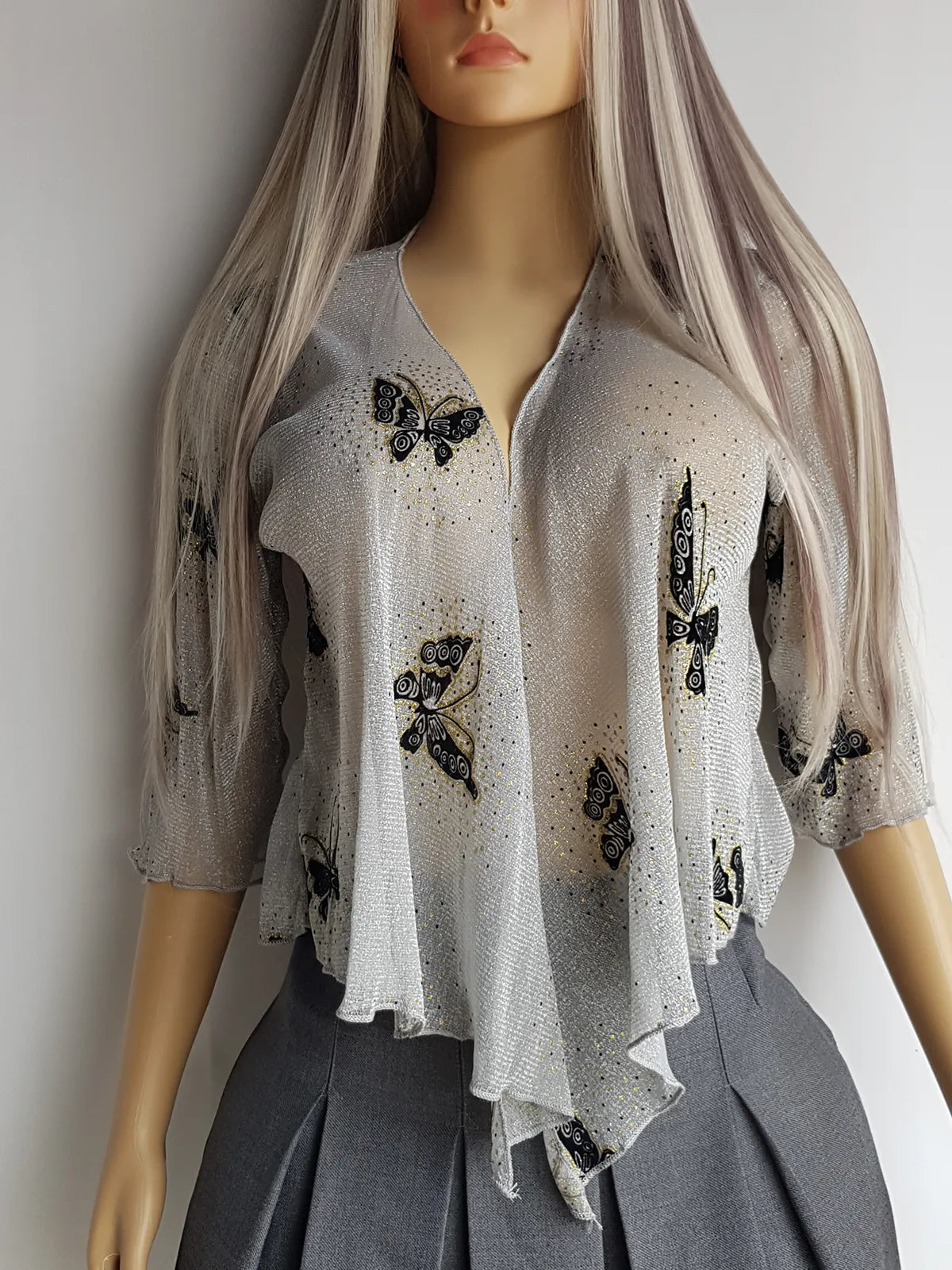 Authentic 1990s Flocked Velvet Butterfly Top - Sheer Mesh in Sparkly Silver with Black Flocked Butterflies & Gold Accents - Wear Multiple Ways