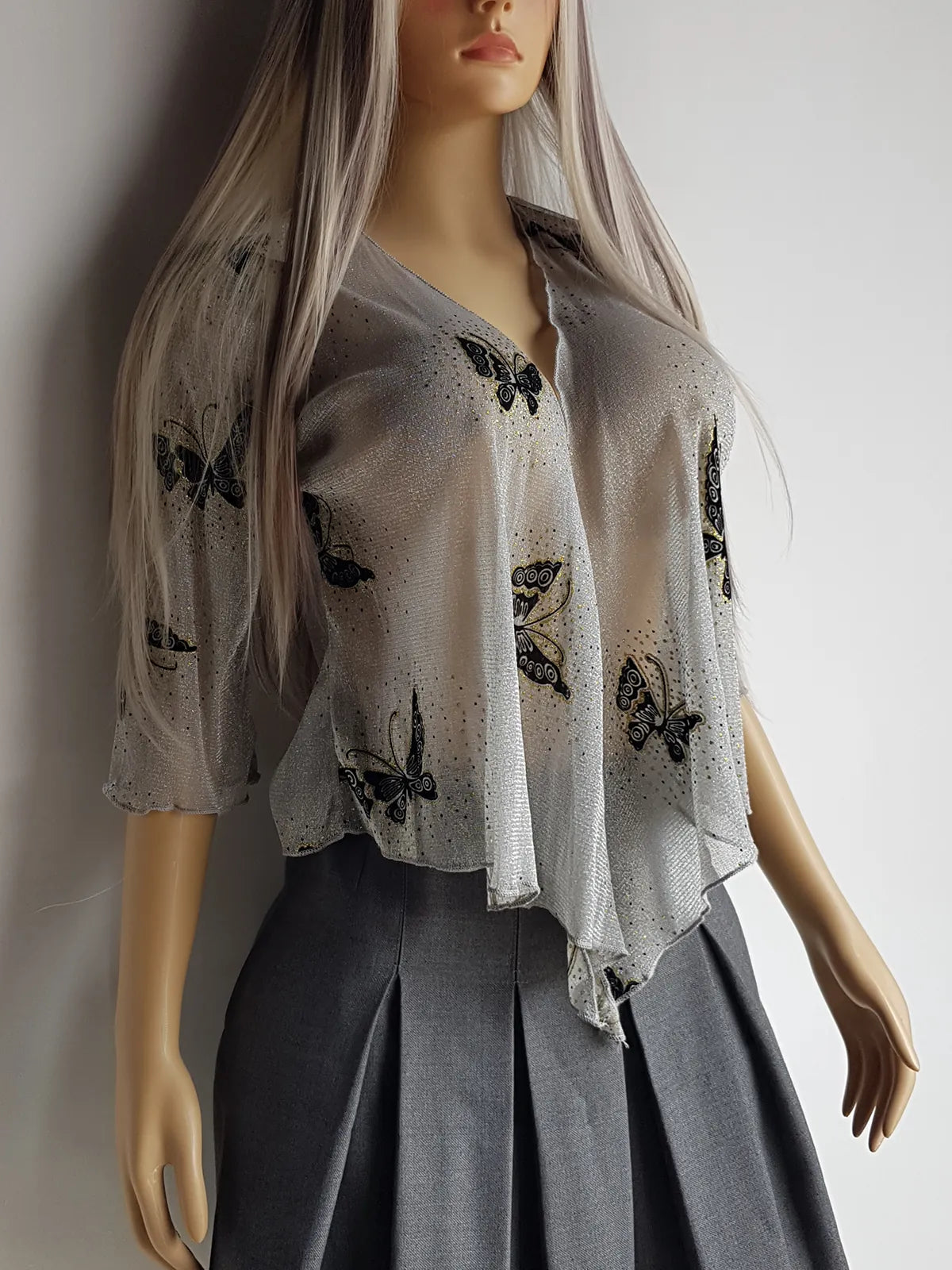 Authentic 1990s Flocked Velvet Butterfly Top - Sheer Mesh in Sparkly Silver with Black Flocked Butterflies & Gold Accents - Wear Multiple Ways