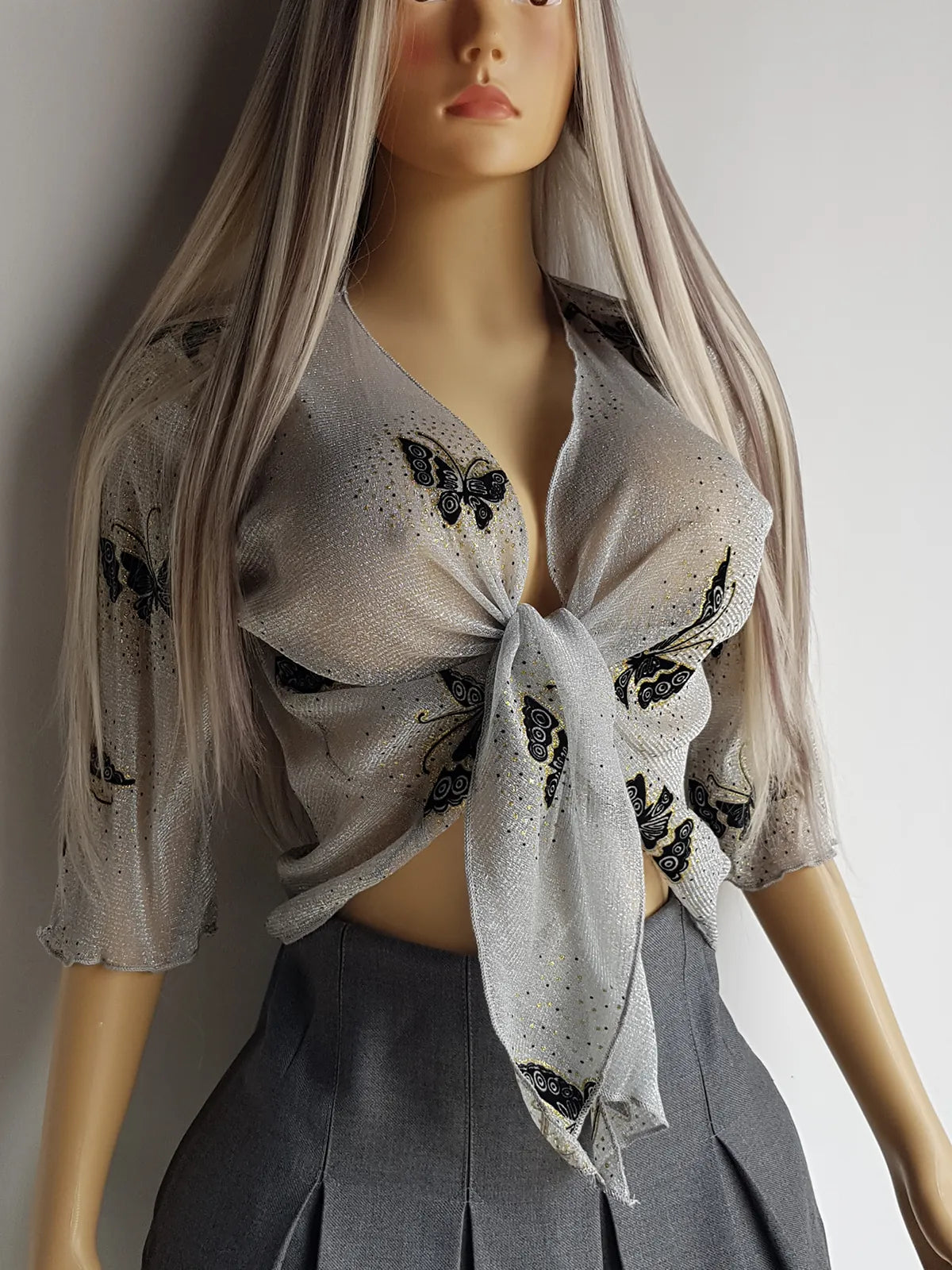 Authentic 1990s Flocked Velvet Butterfly Top - Sheer Mesh in Sparkly Silver with Black Flocked Butterflies & Gold Accents - Wear Multiple Ways