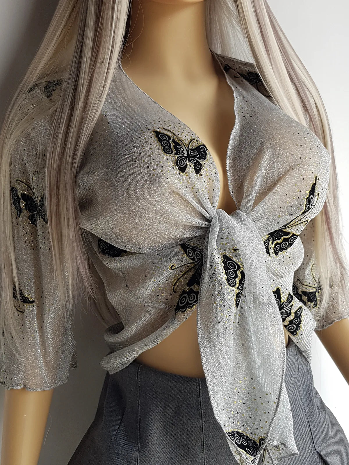 Authentic 1990s Flocked Velvet Butterfly Top - Sheer Mesh in Sparkly Silver with Black Flocked Butterflies & Gold Accents - Wear Multiple Ways