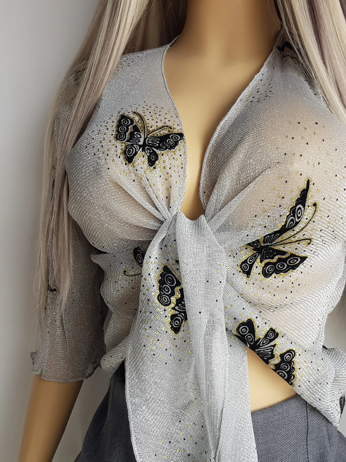 Authentic 1990s Flocked Velvet Butterfly Top - Sheer Mesh in Sparkly Silver with Black Flocked Butterflies & Gold Accents - Wear Multiple Ways