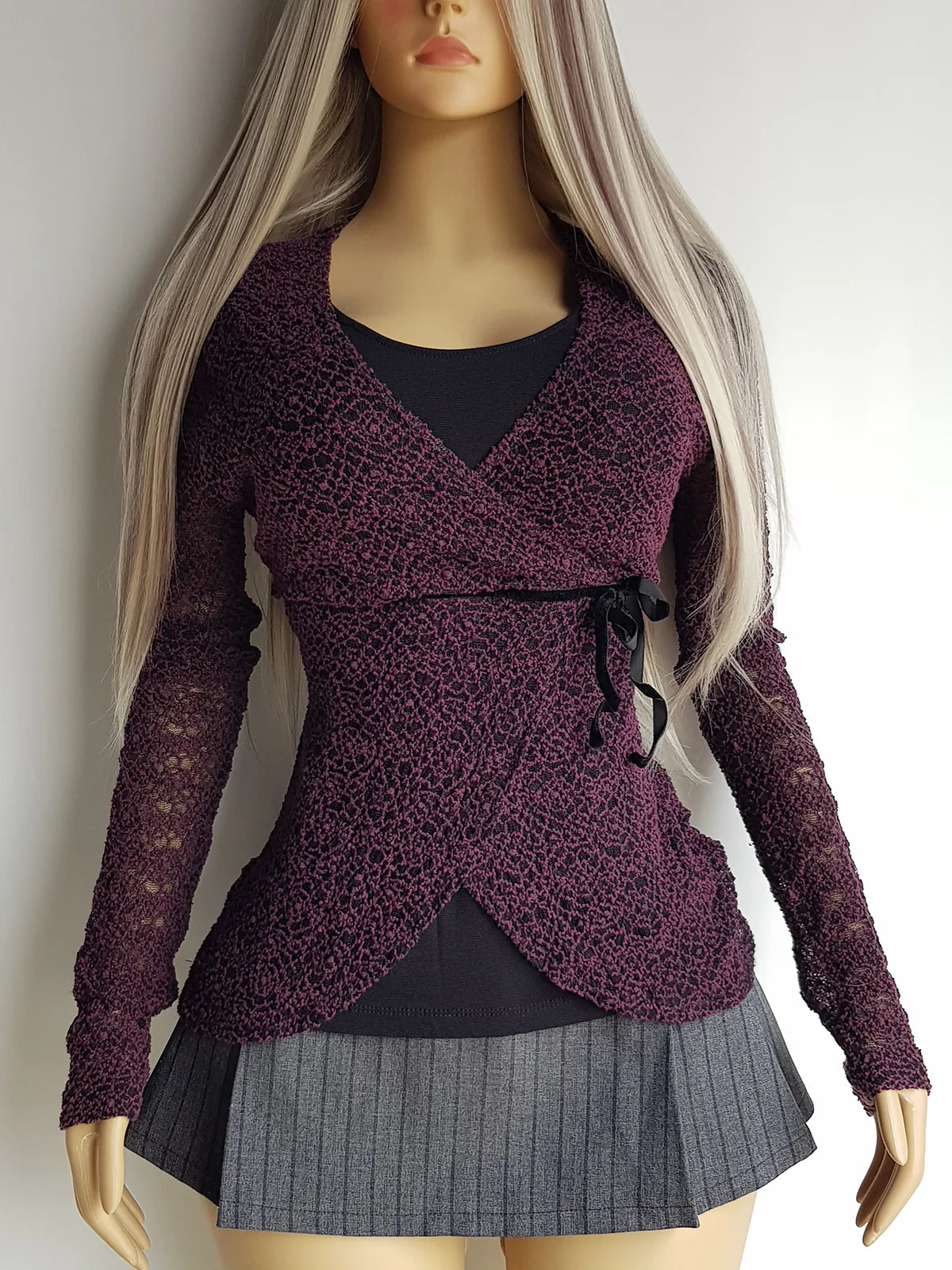 Vintage 1990s Whimsigoth Knit Top - Deep Grape & Black - So Sexy - Curve Hugging Wrap style with faux tie on the side