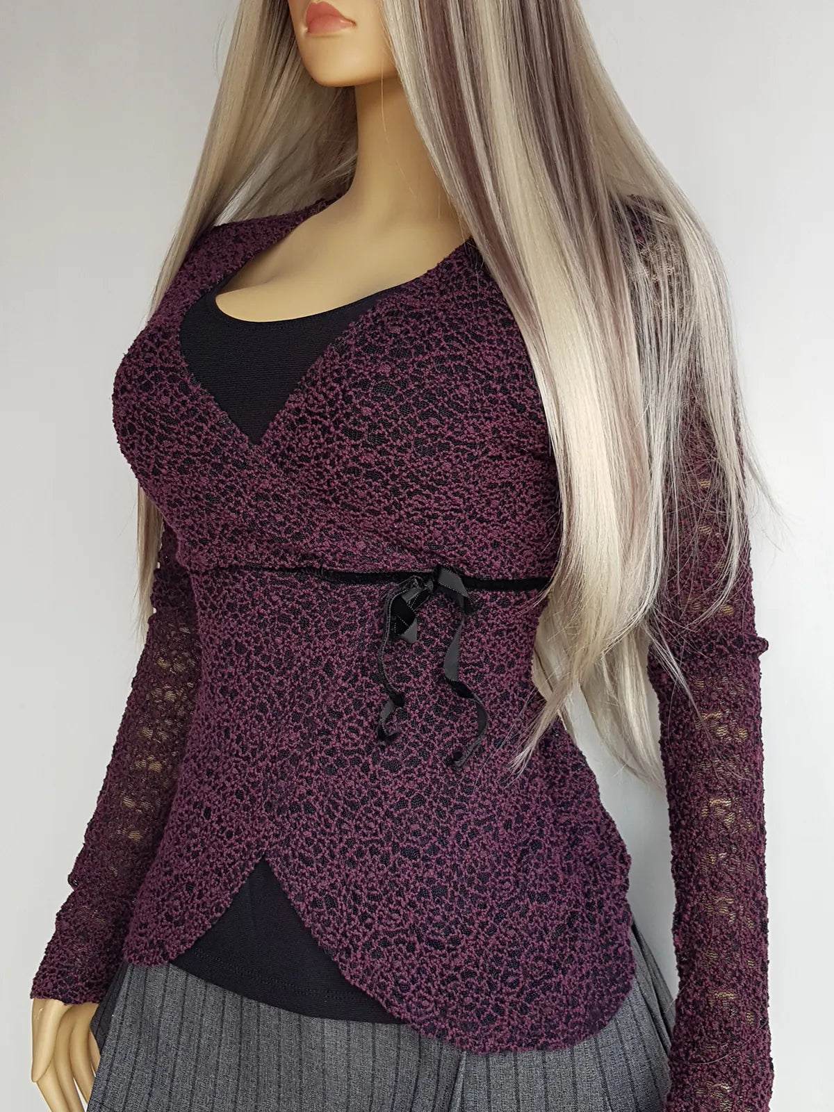 Vintage 1990s Whimsigoth Knit Top - Deep Grape & Black - So Sexy - Curve Hugging Wrap style with faux tie on the side