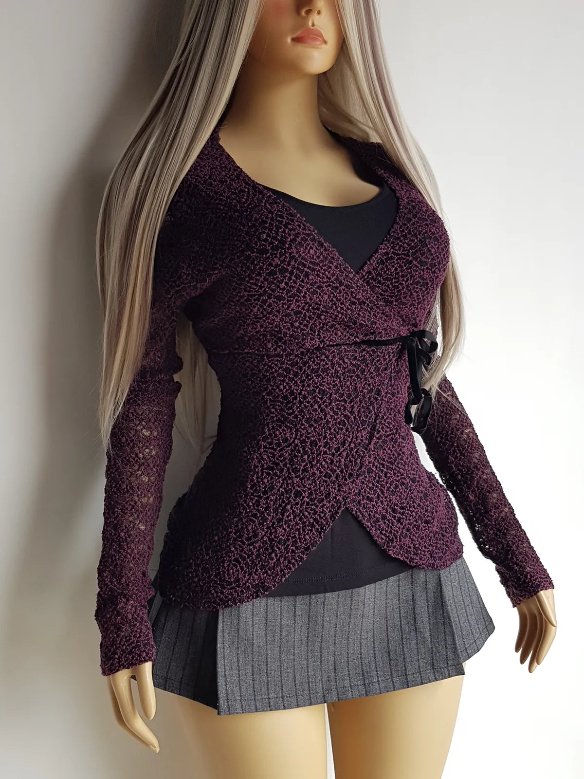 Vintage 1990s Whimsigoth Knit Top - Deep Grape & Black - So Sexy - Curve Hugging Wrap style with faux tie on the side