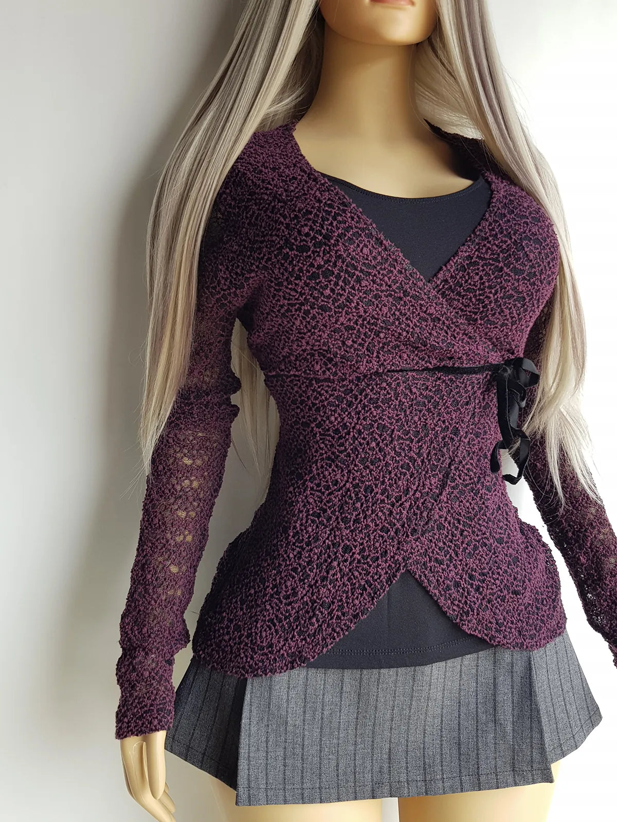 Vintage 1990s Whimsigoth Knit Top - Deep Grape & Black - So Sexy - Curve Hugging Wrap style with faux tie on the side