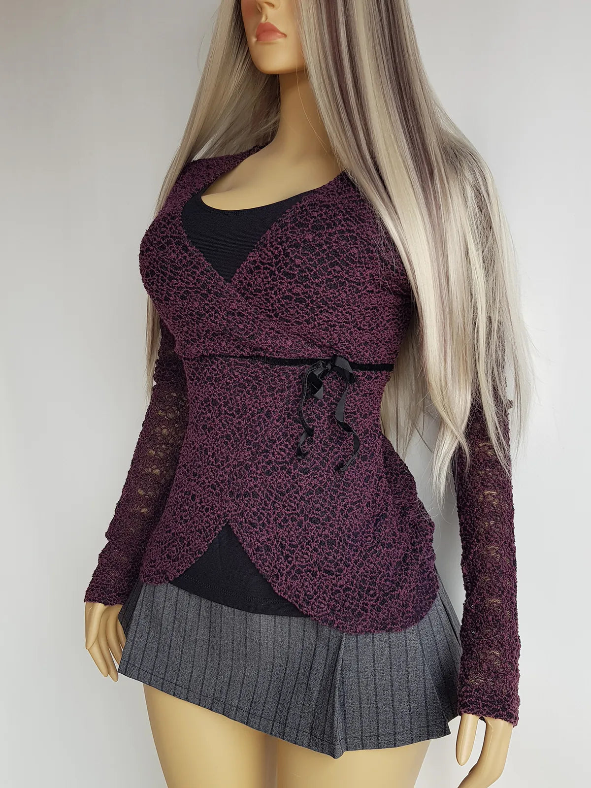 Vintage 1990s Whimsigoth Knit Top - Deep Grape & Black - So Sexy - Curve Hugging Wrap style with faux tie on the side
