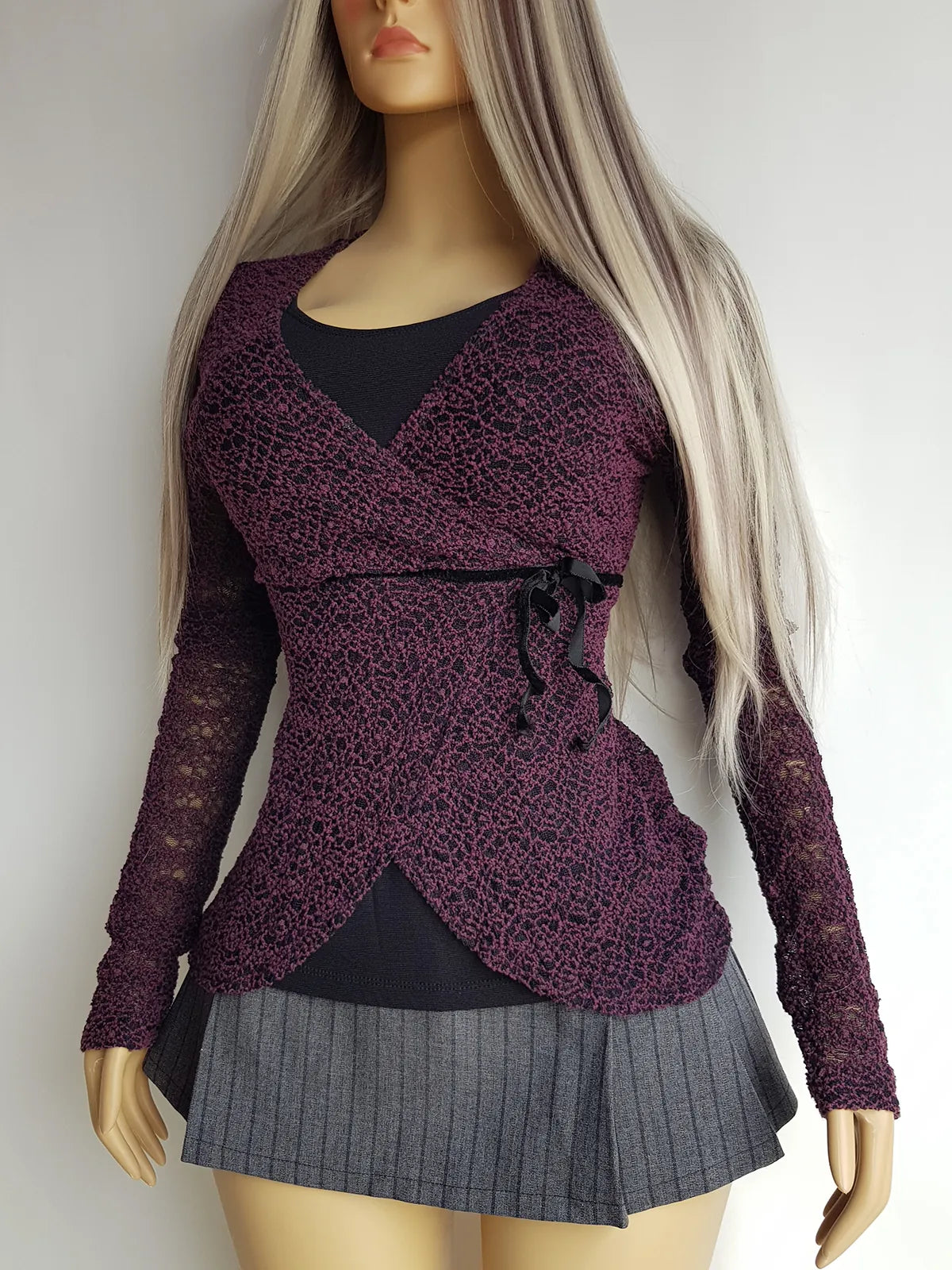 Vintage 1990s Whimsigoth Knit Top - Deep Grape & Black - So Sexy - Curve Hugging Wrap style with faux tie on the side