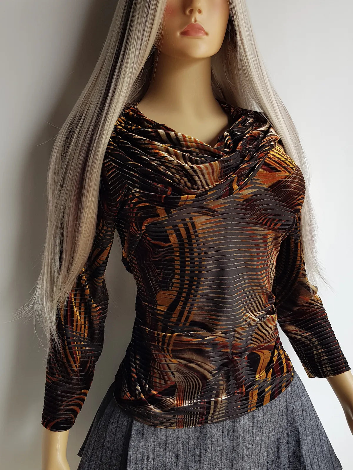 90s Vintage Tiger Print Burnout Velvet Top with Draped Cowl neck in Beautiful Burnt Amber & Tangerine Tones