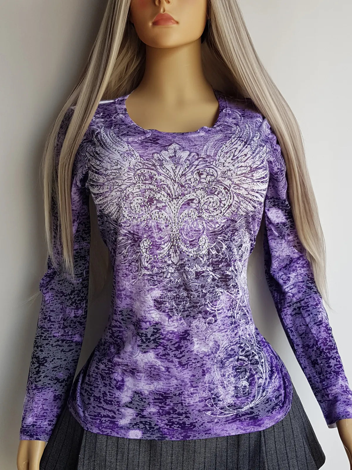 2000s Authentic McBling Style Angel Top with Rhinestones- Vibrant Purple & White Tones - Angel Wings & Tattoo Tribal Prints