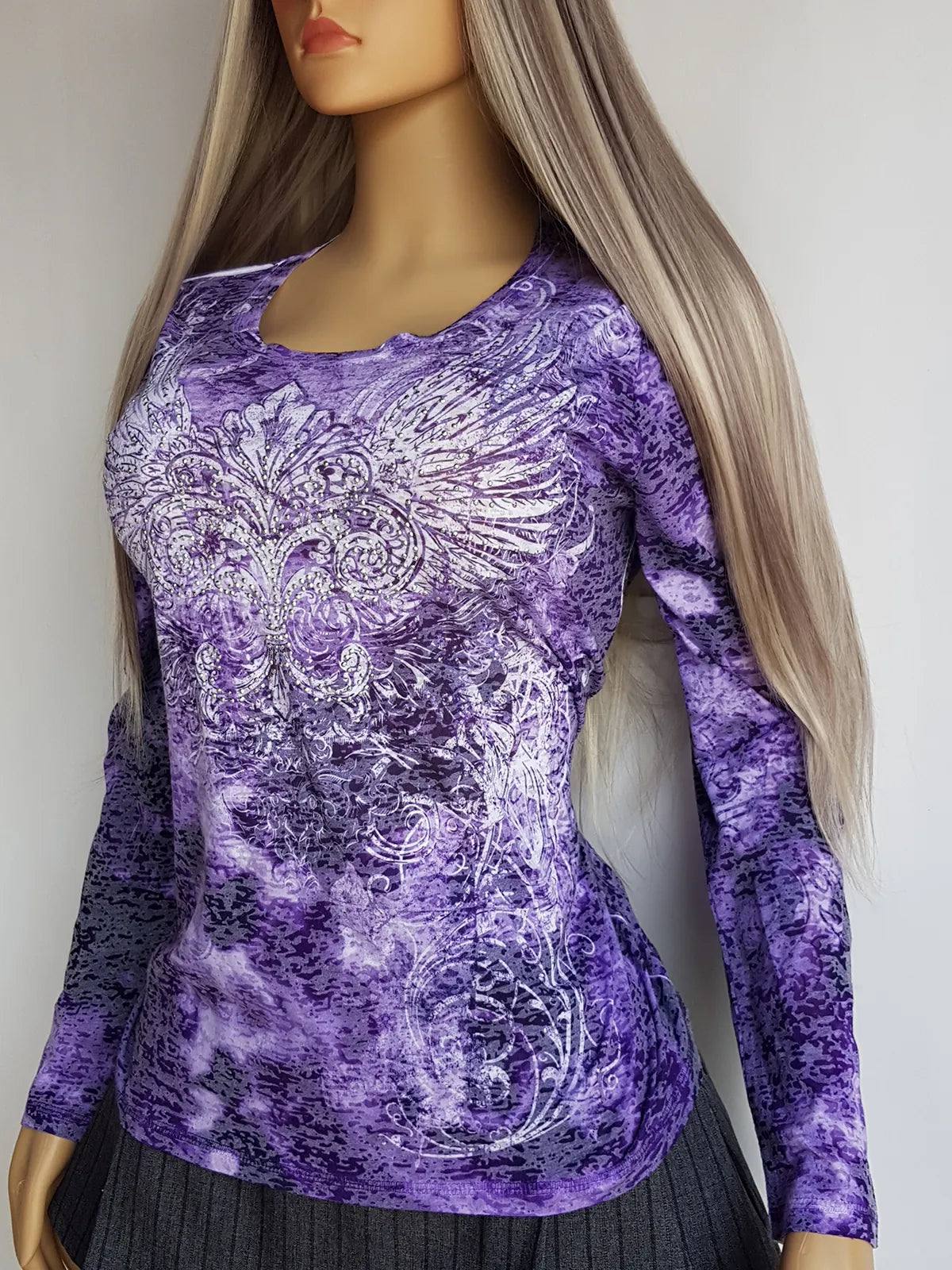 2000s Authentic McBling Style Angel Top with Rhinestones- Vibrant Purple & White Tones - Angel Wings & Tattoo Tribal Prints