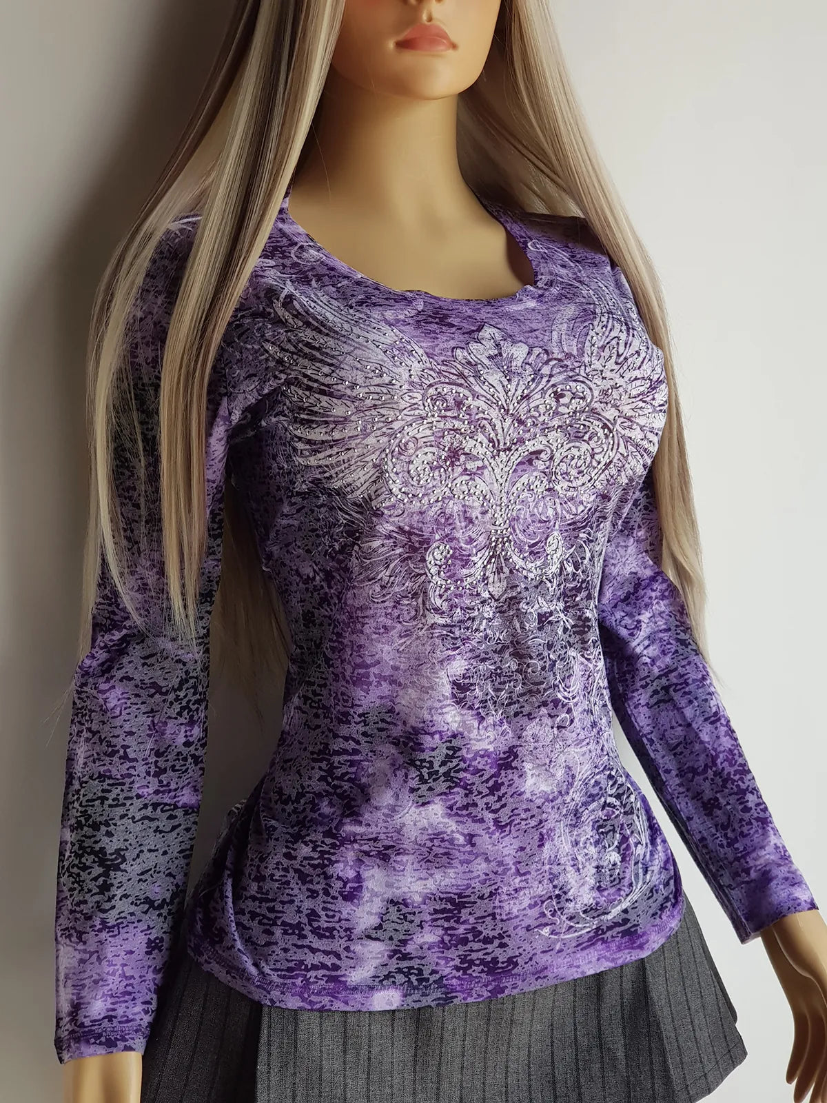 2000s Authentic McBling Style Angel Top with Rhinestones- Vibrant Purple & White Tones - Angel Wings & Tattoo Tribal Prints